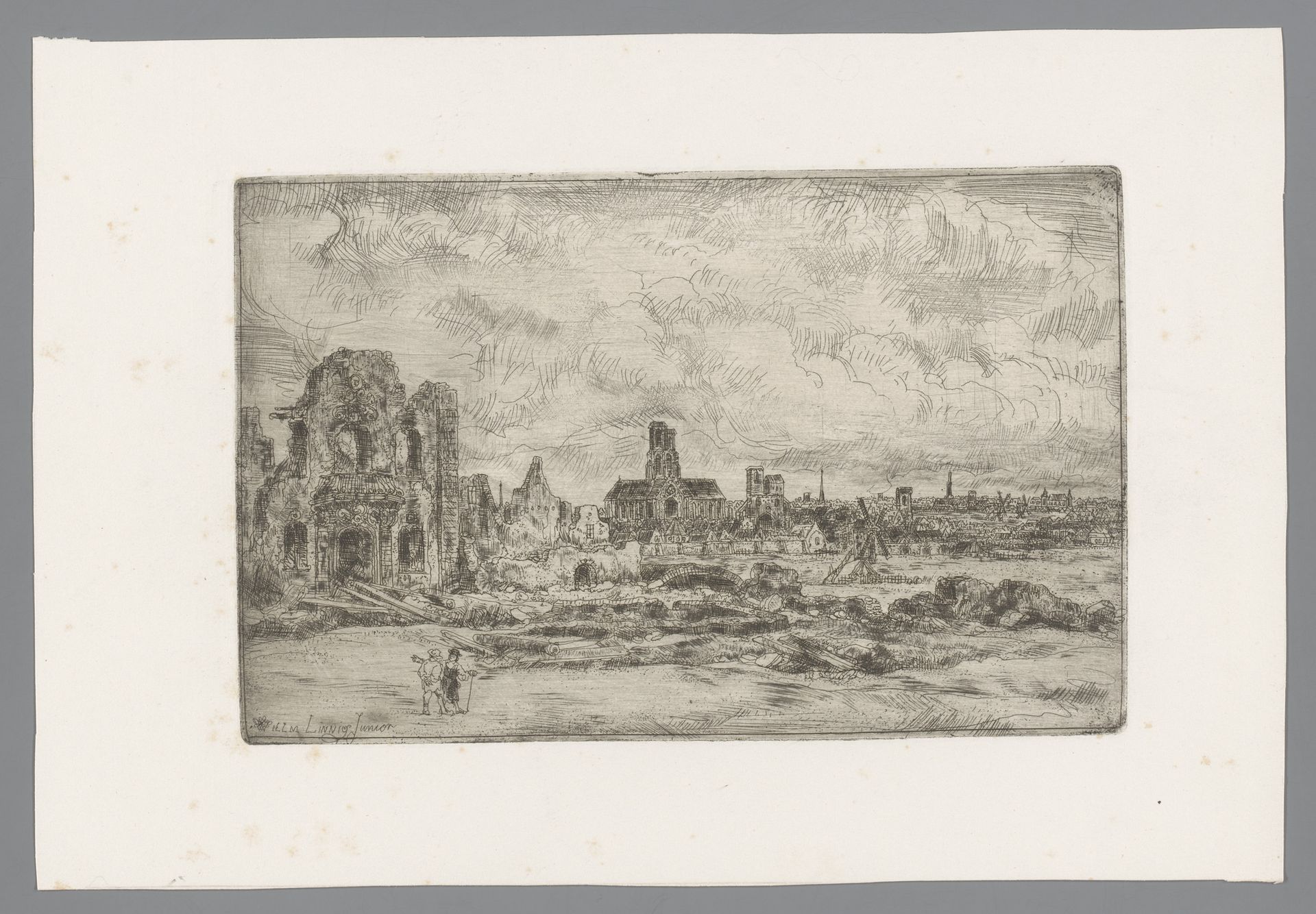 Stadsgezicht met een ruïne en twee figuren op de voorgrond by Willem (II) Linnig