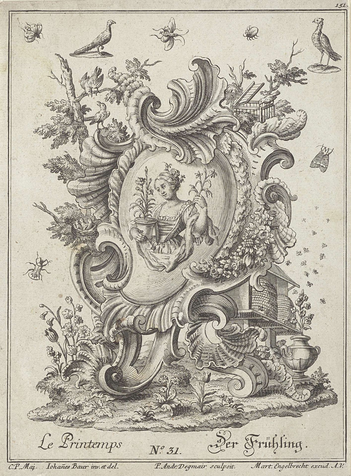 Vrouw met voorjaarsbloemen op een rocaille by Philipp Andreas Degmair
