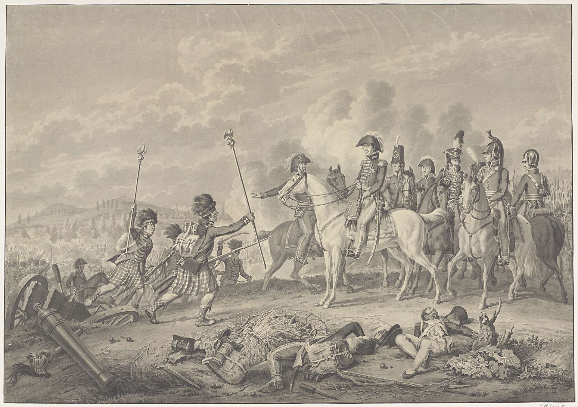 Hertog van Wellington ontvangt tijdens de slag bij Waterloo twee op de Fransen veroverde standaarden met adelaars, 1815 by Haatje Pieters Oosterhuis