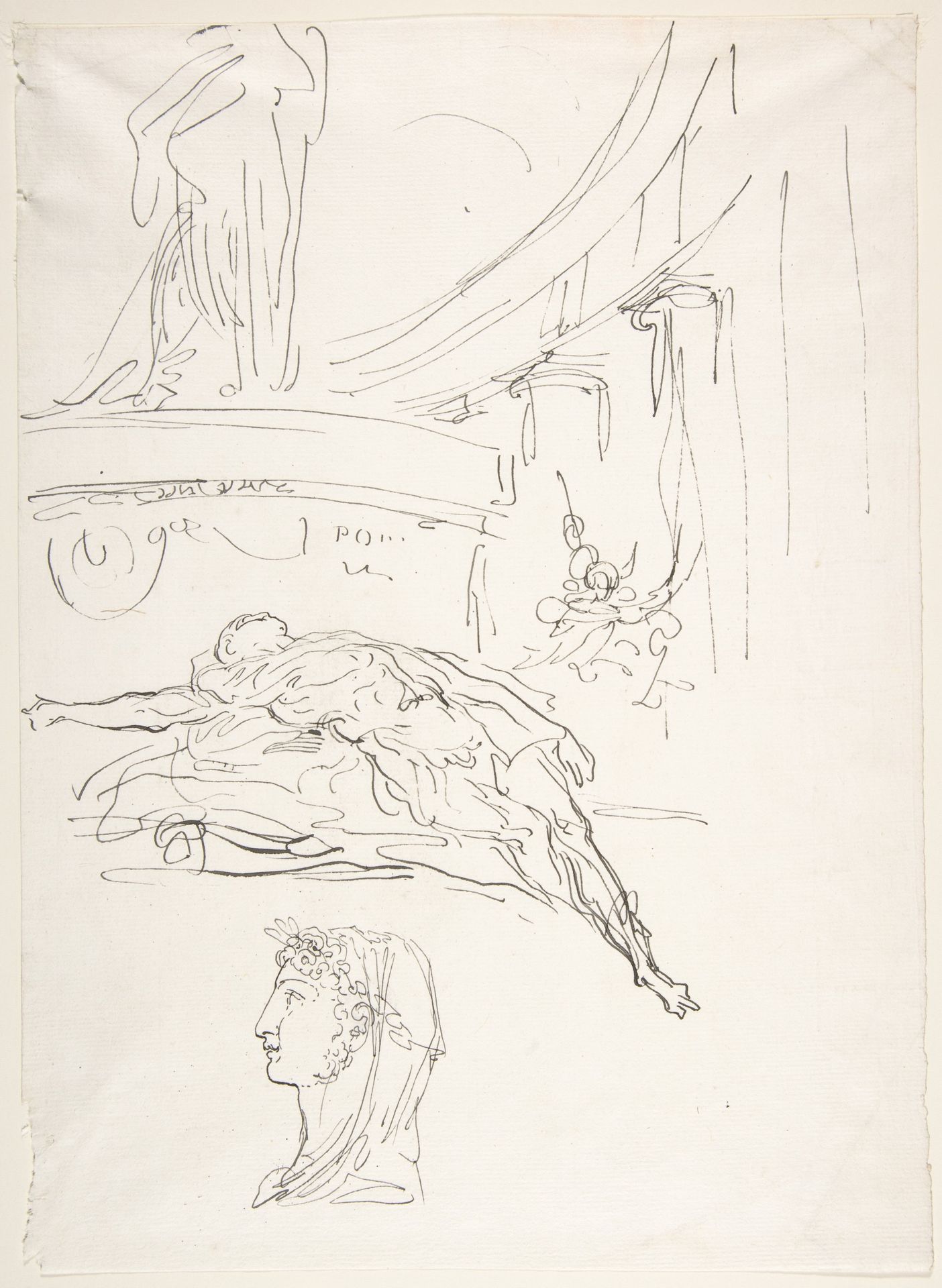 Sheet of Studies, Including a Roman Head, a Male Figure on a Pyre, and a Colonnade. by Luis Paret y Alcázar