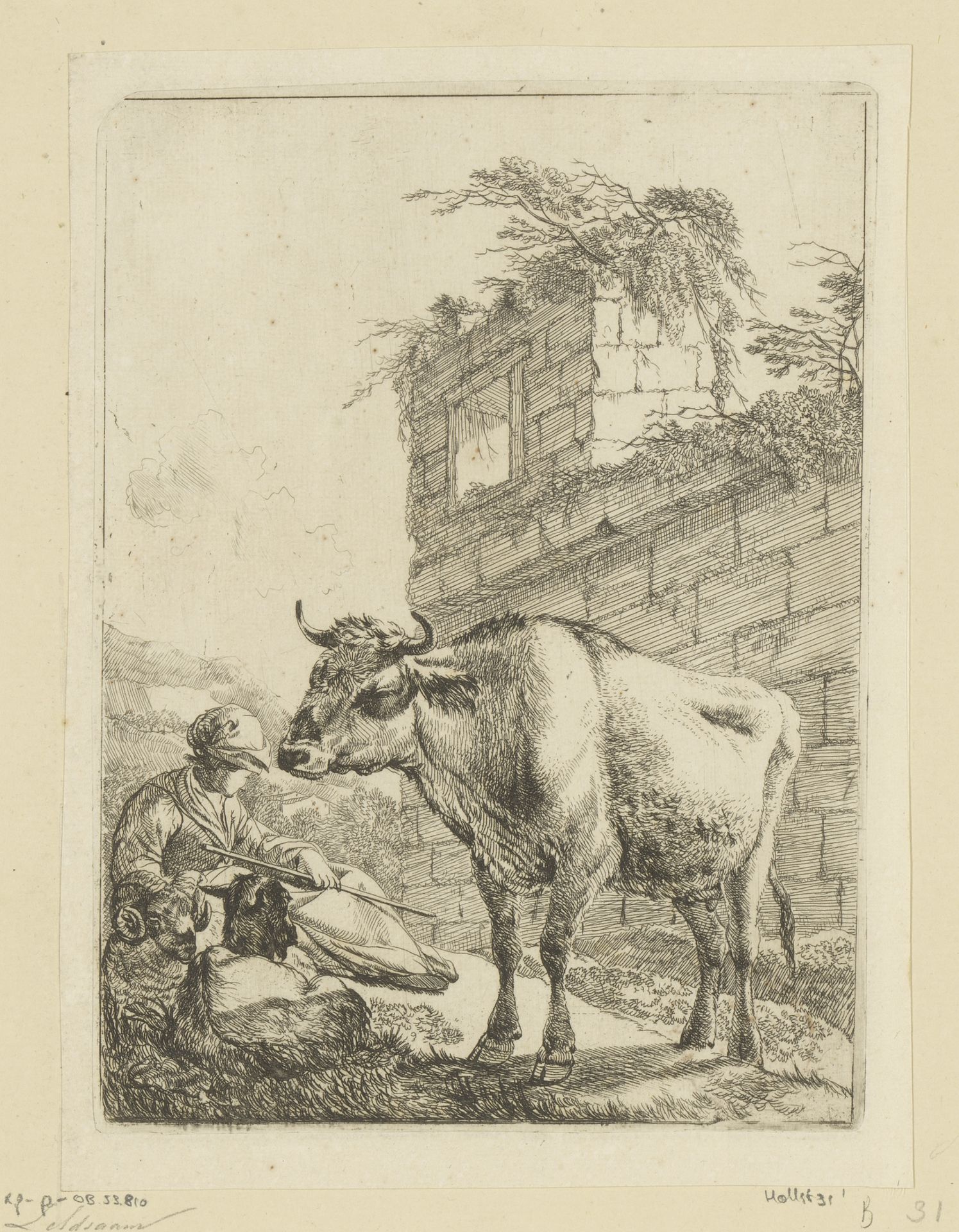 Zittende herderin met koe, geit en ram by Johann Heinrich Roos