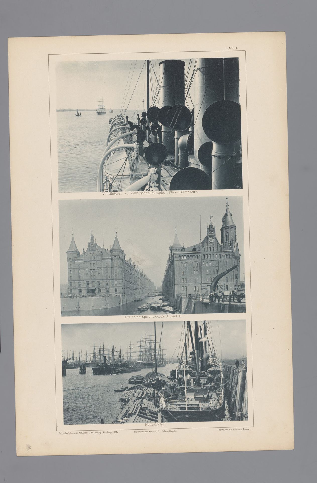 Drie afbeeldingen van ventilatoren op een stoomboot, bestuursgebouwen en de Hanze haven van Hamburg by Wilhelm Dreesen