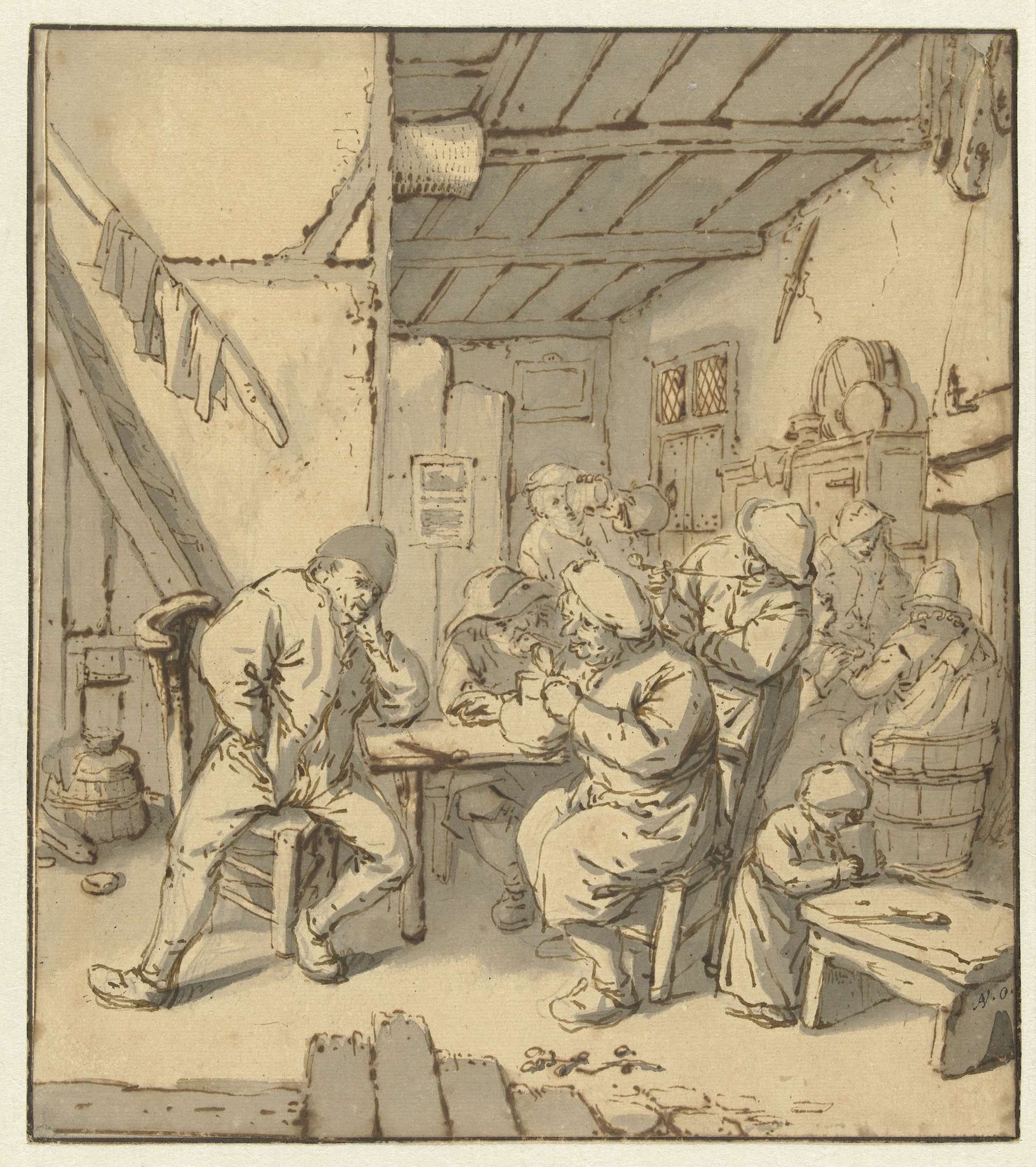 Interieur van een boerenherberg met rokende en drinkende figuren by Cornelis Dusart