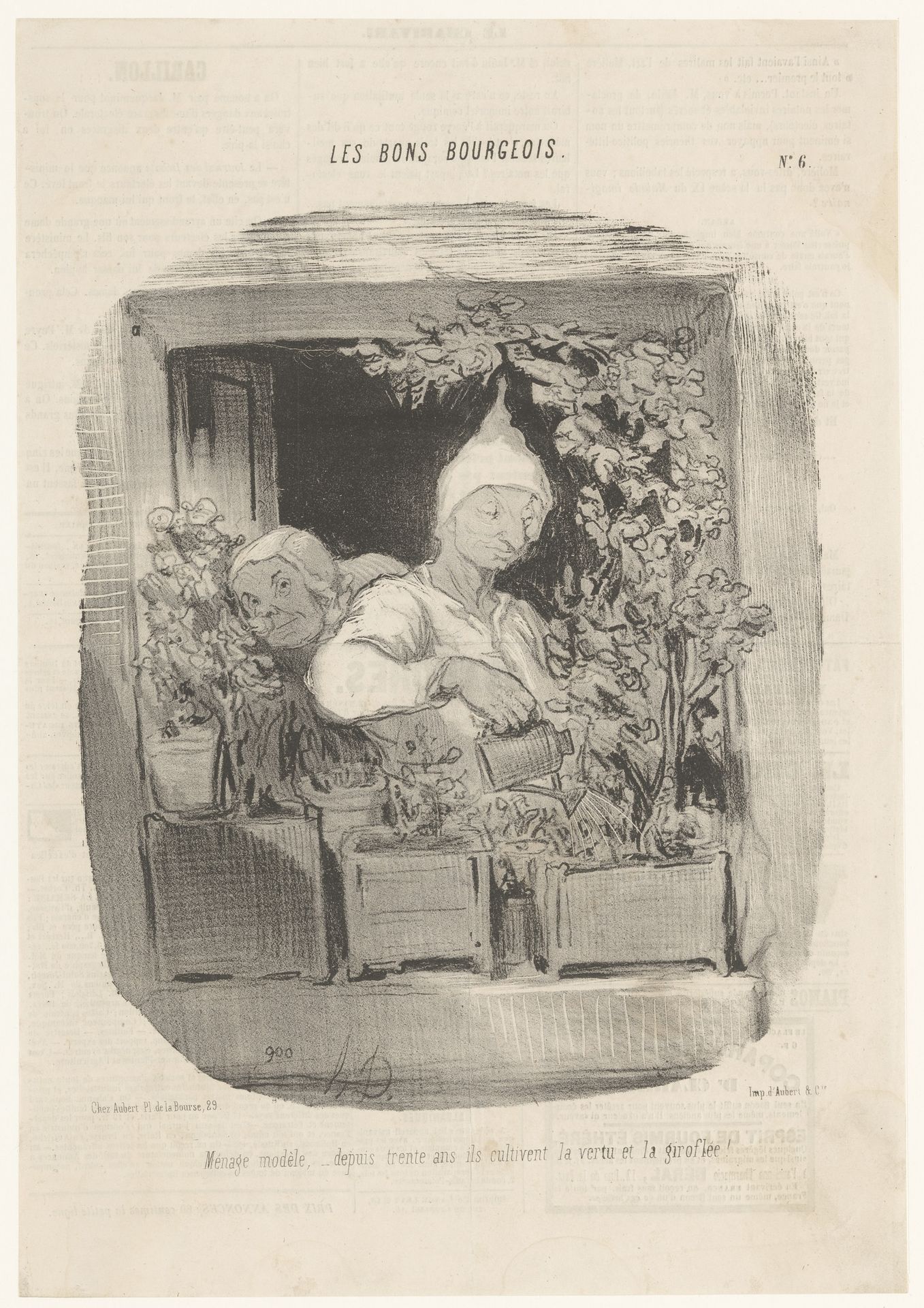 Echtpaar geeft planten water in het raam by Honoré Daumier