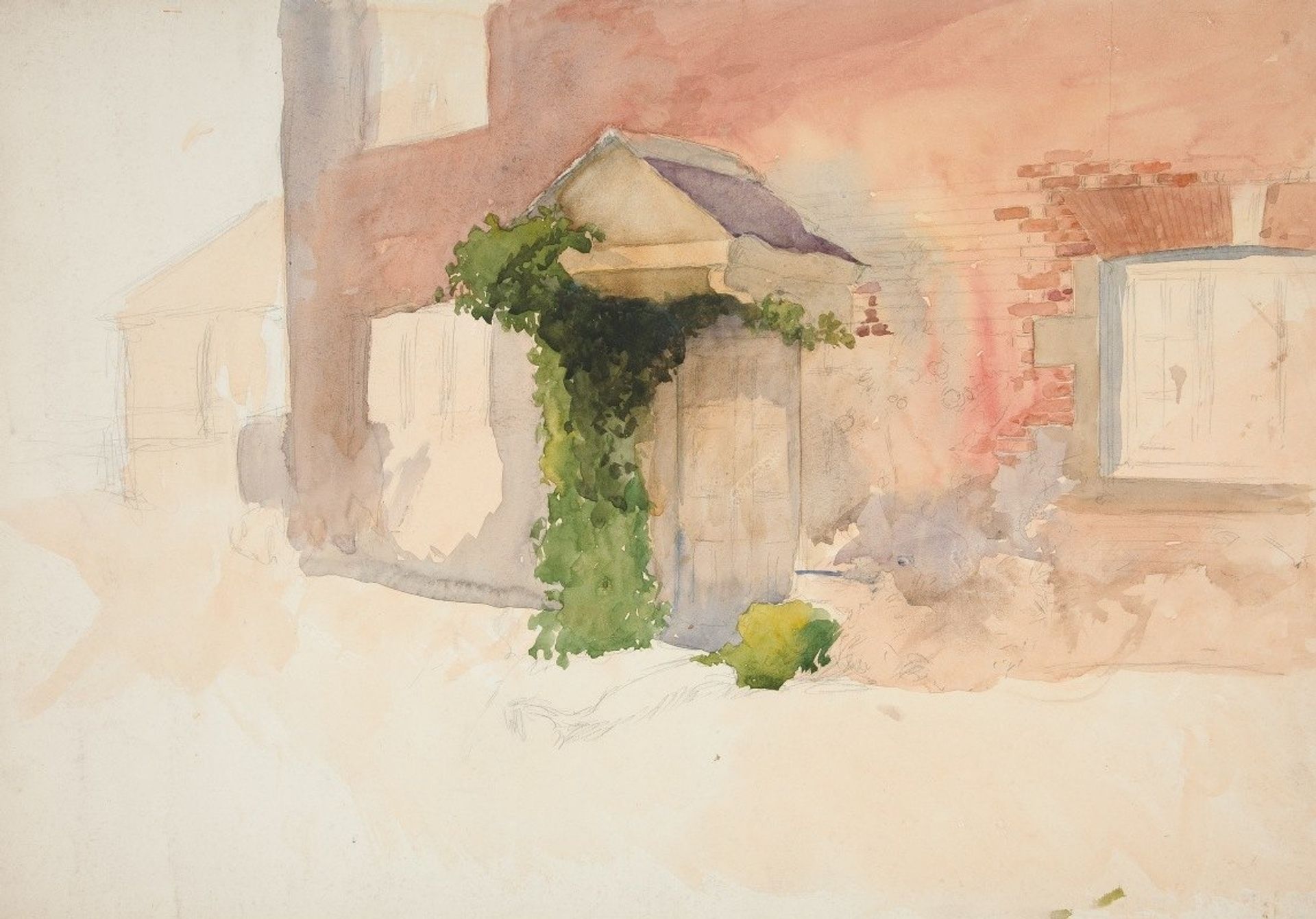 Study of exterior of a red brick house by Edwin Austin Abbey