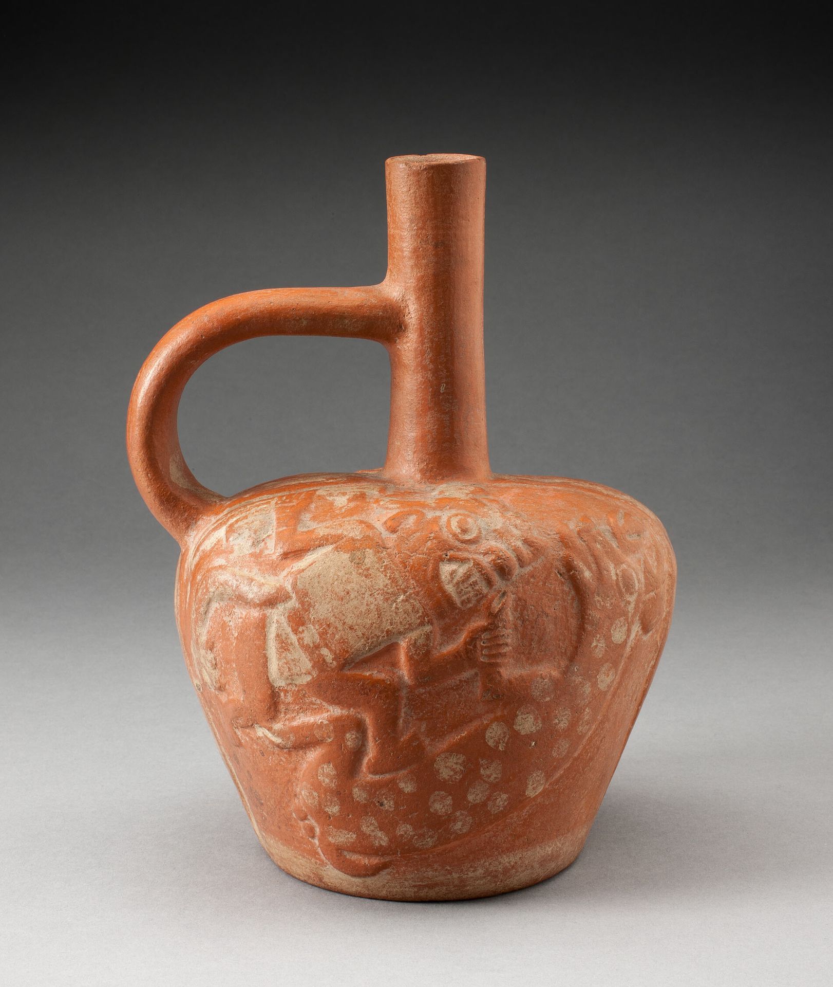 Handle Spout Vessel with Raised Deer Hunt Motifs by Moche
