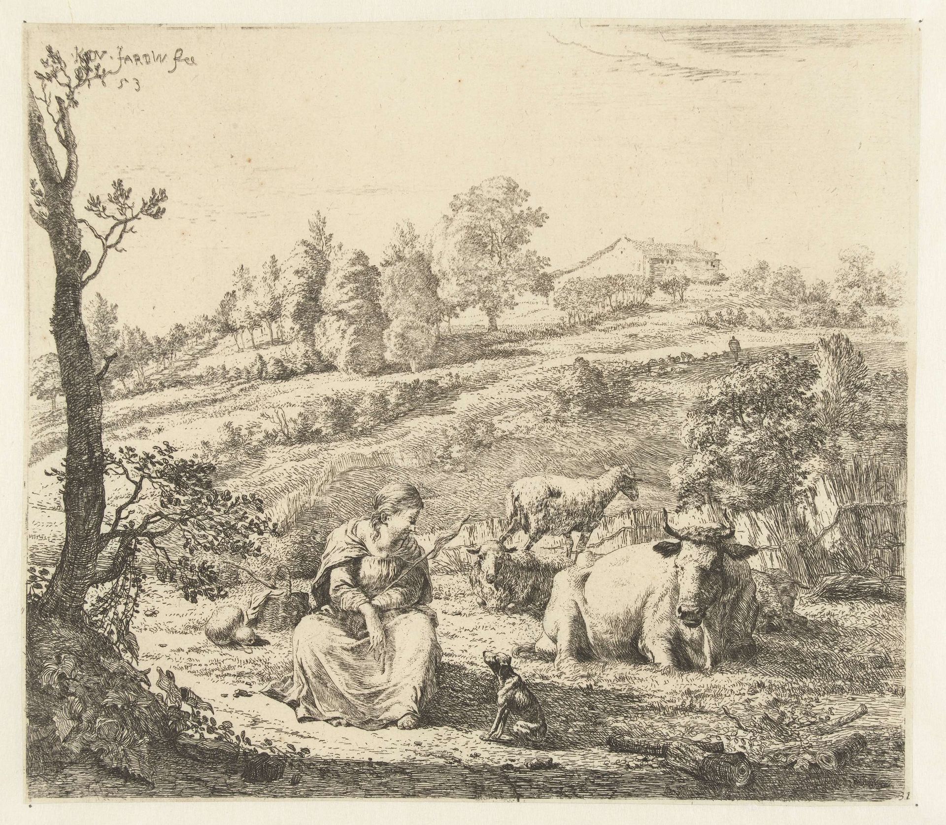 Heuvellandschap met herderin en hond bij rustende kudde by Karel du Jardin