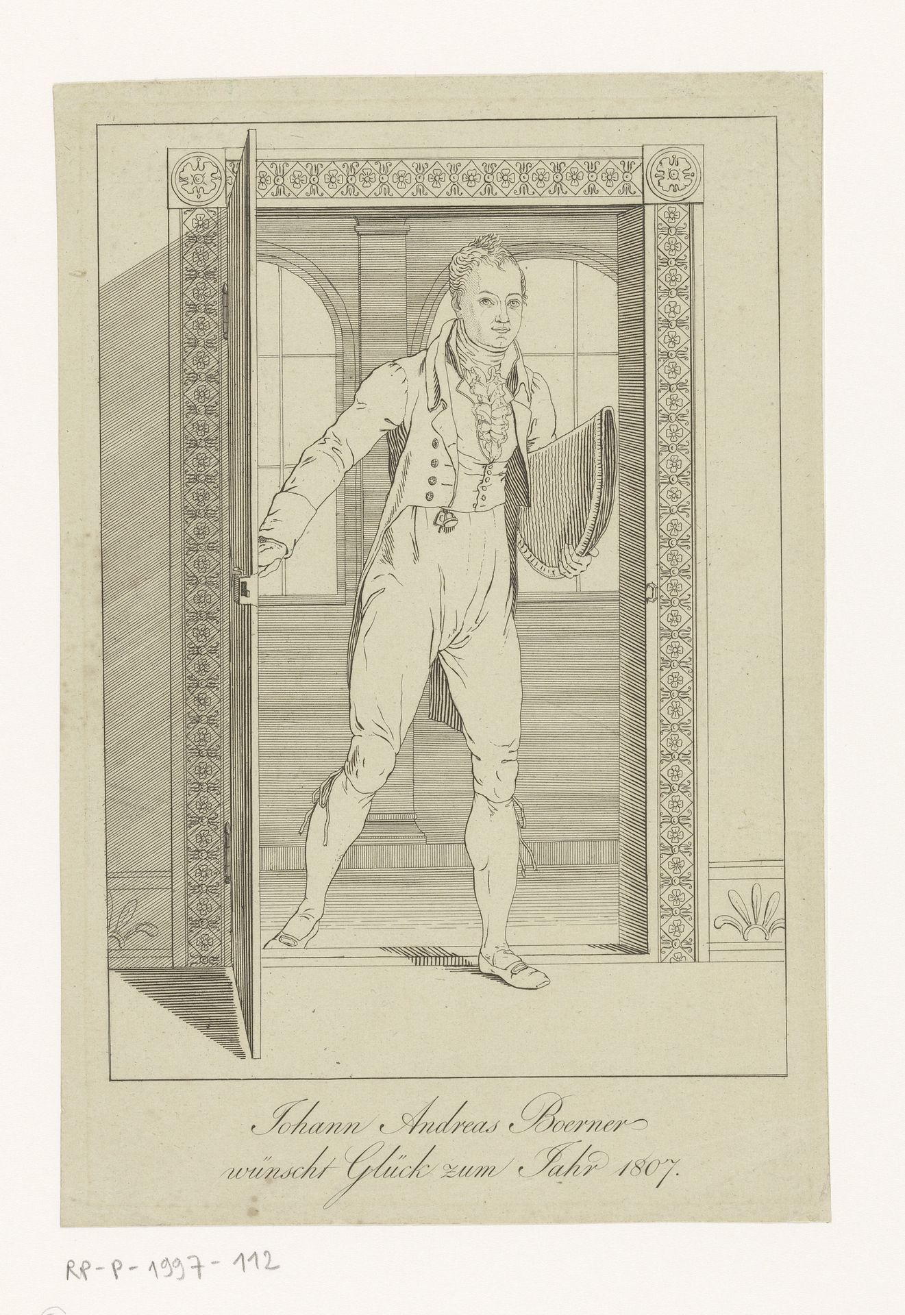 Zelfportret van kunsthandelaar Johann Andreas Boerner als nieuwjaarswens voor 1807 by Johann Andreas Boerner