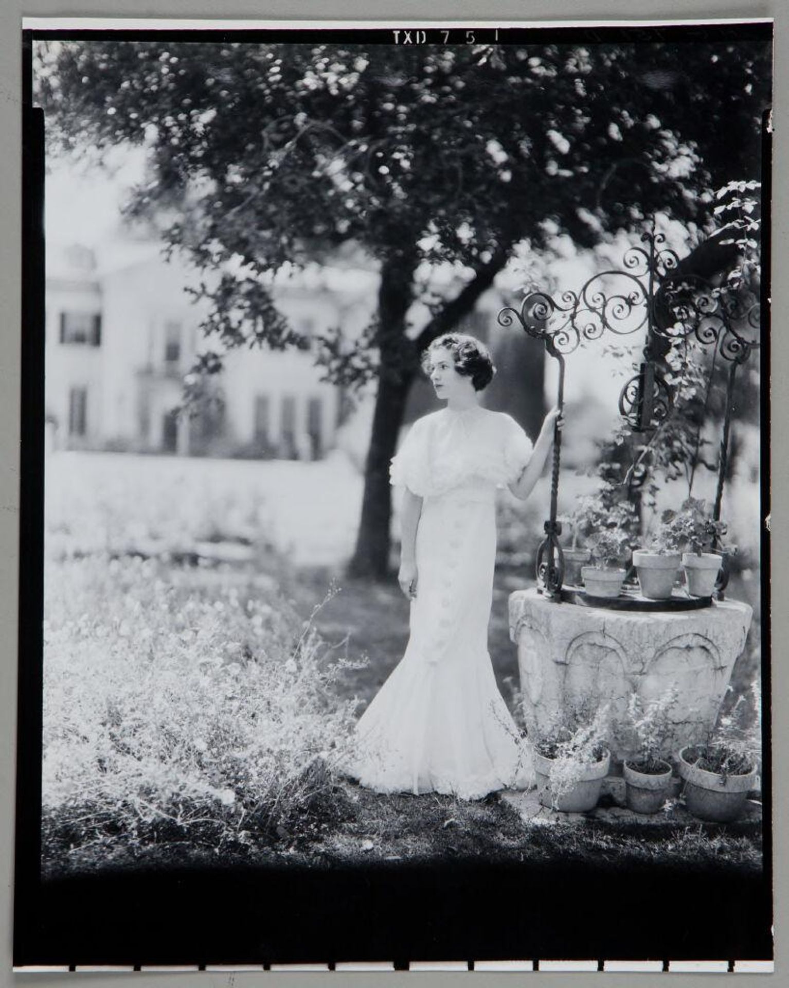 Untitled (young woman in long white dress standing by well topped with potted plants) by Paul Gittings