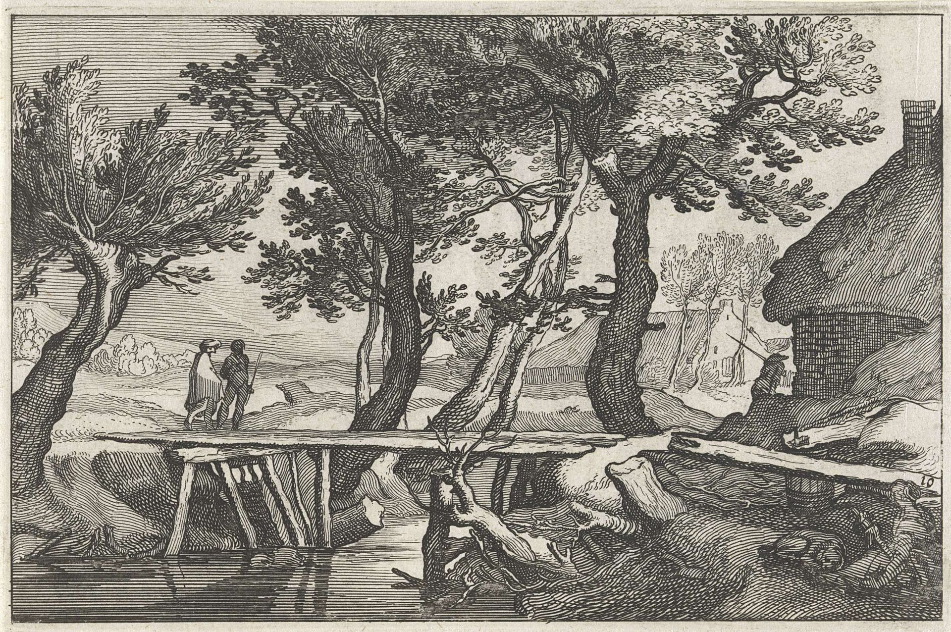 Boerderijen en bruggetje over sloot by Claes Jansz. Visscher