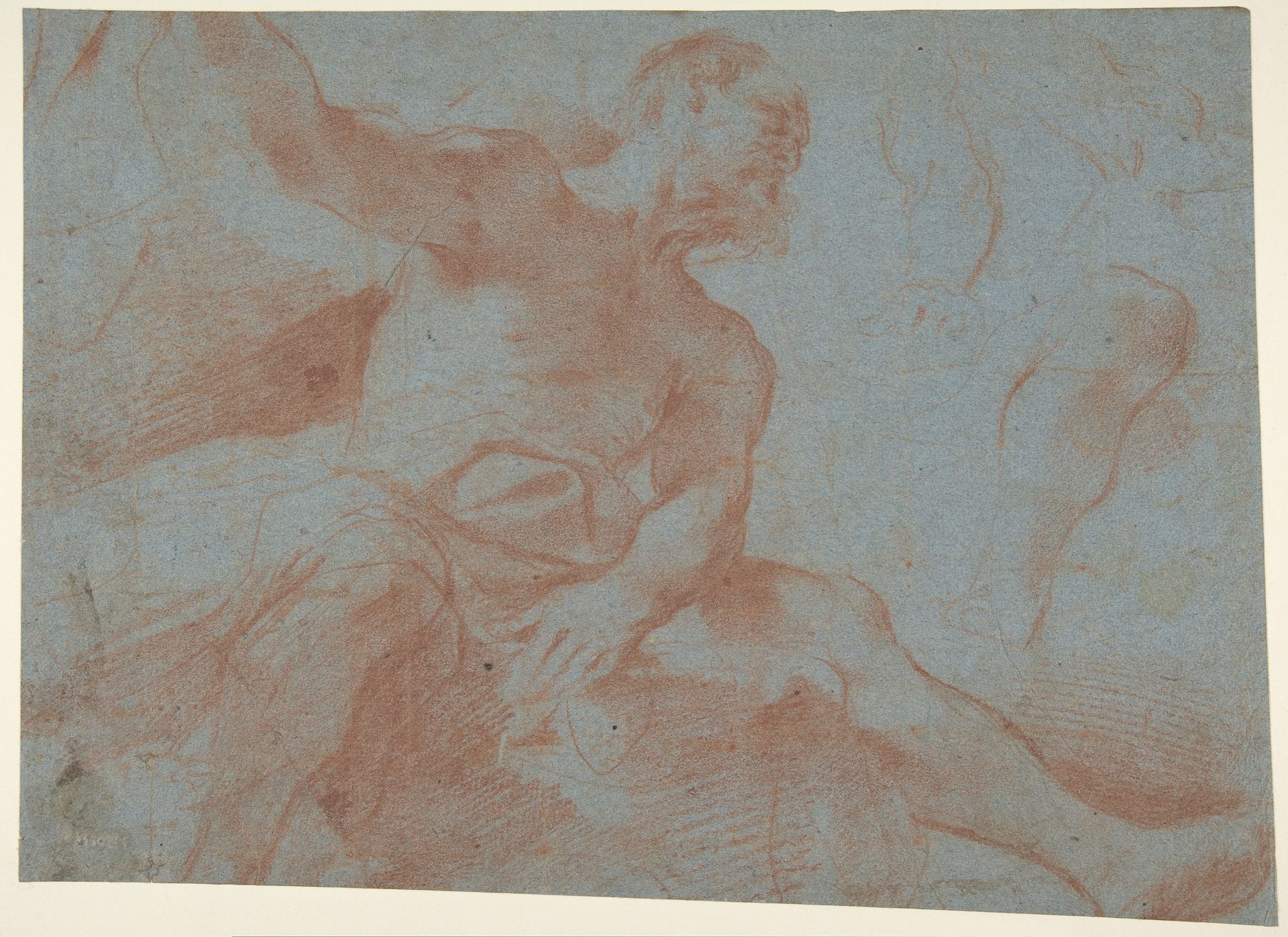 Seated Old Man with Right Arm Upraised (Tithonus) (recto); Seated Nude Youth (figure of Day) (verso) by Guercino