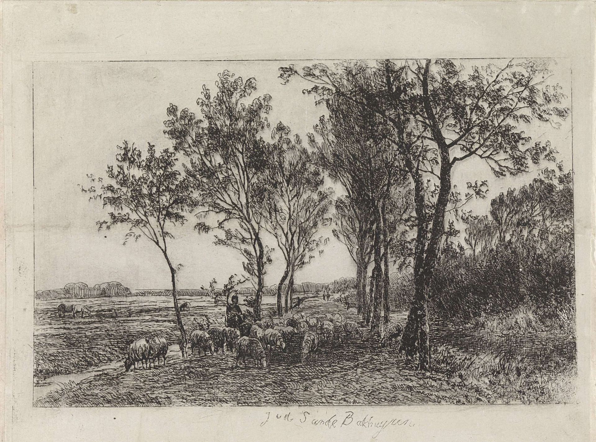 Landschap met herder en kudde schapen by Julius Jacobus van de Sande Bakhuyzen