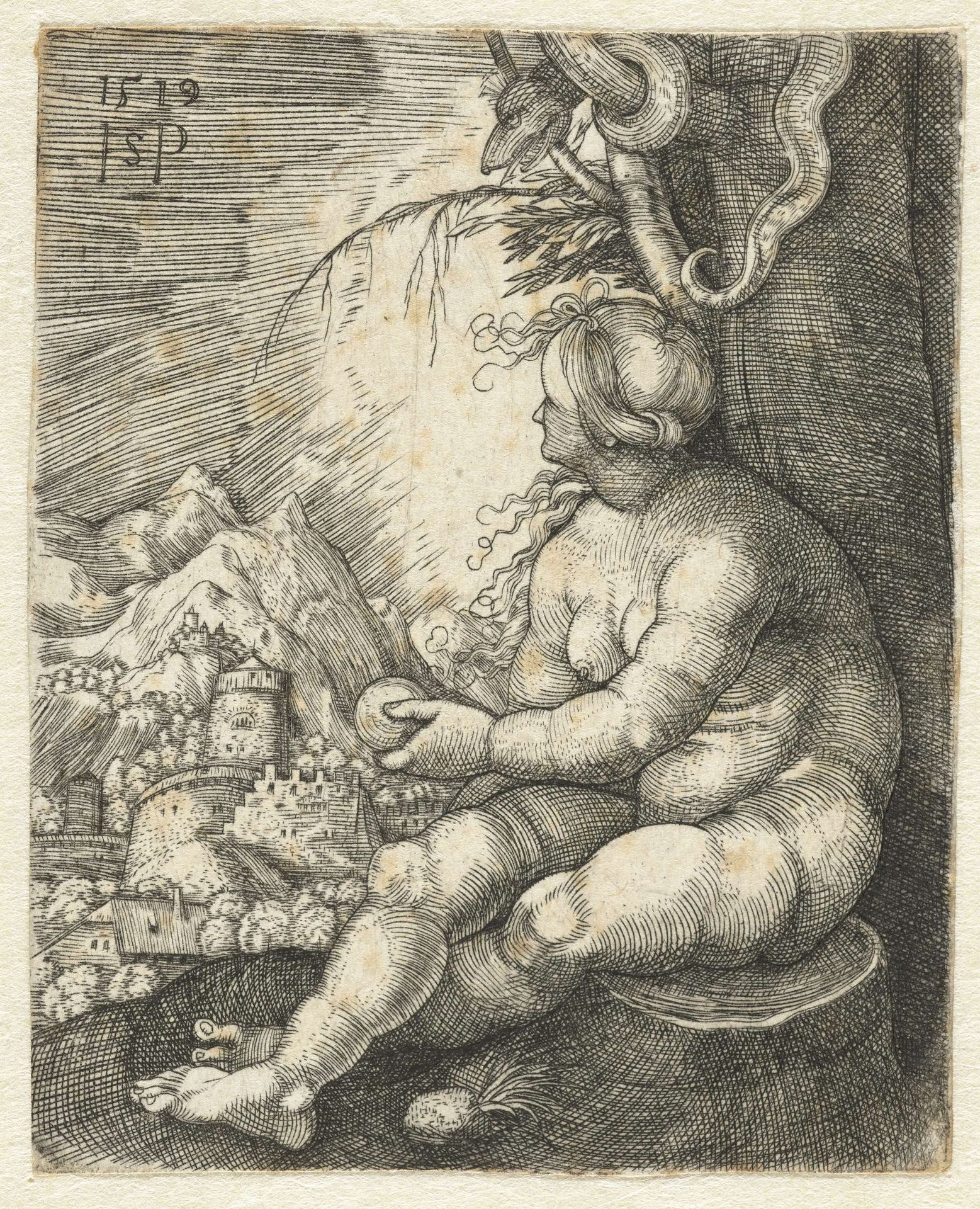Eva zittend op boomstronk met een appel in haar hand by Sebald Beham