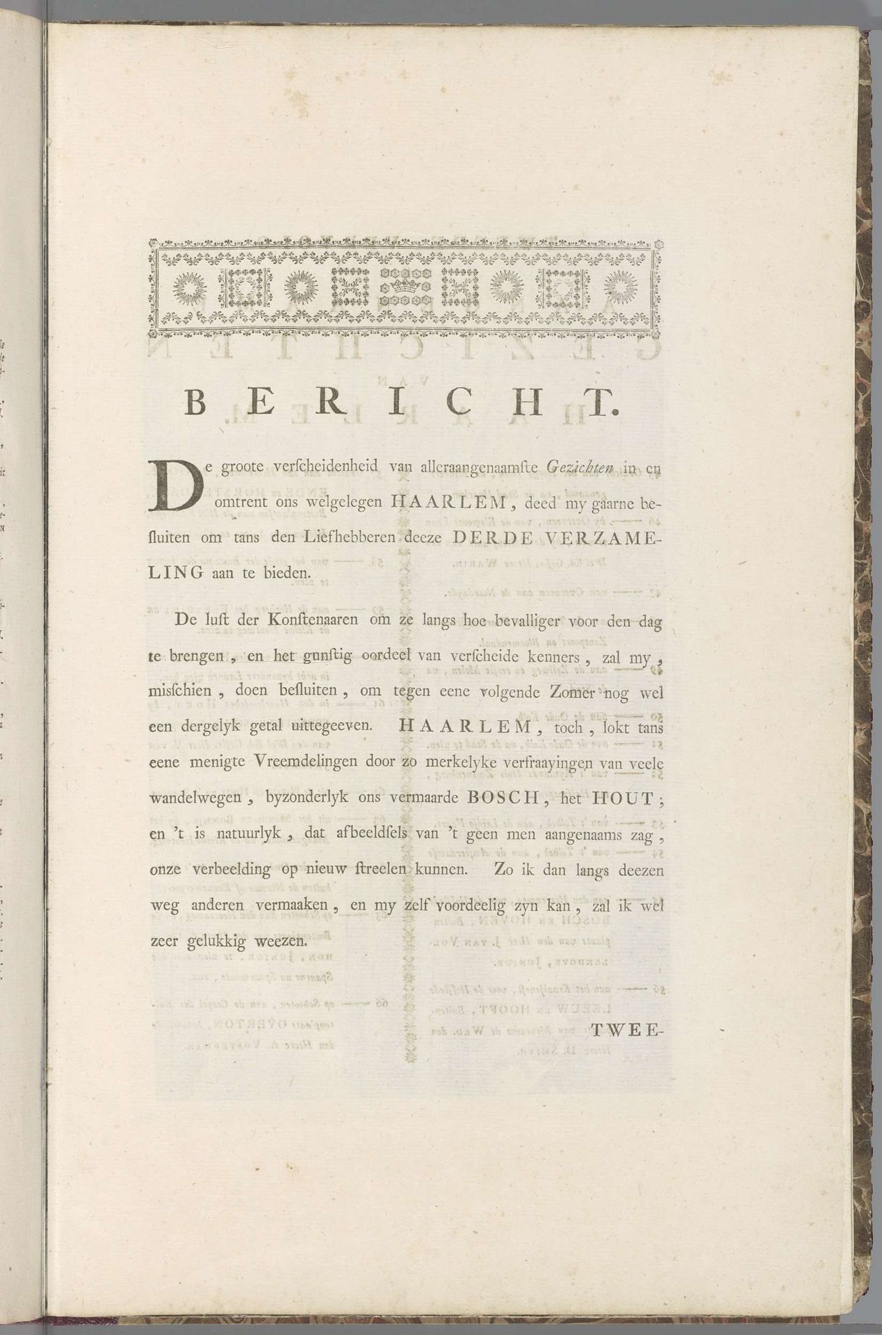 Tekstblad uit: Tweede vervolg van twee- en twintig aangenaame gezichten in de vermakelyke landsdouwen van Haarlem, nieuwlings naar 't leven getekend door de beroemde konstenaars H. Spilman en C.V. Noorde, 1763 by Jan (uitgever) Bosch