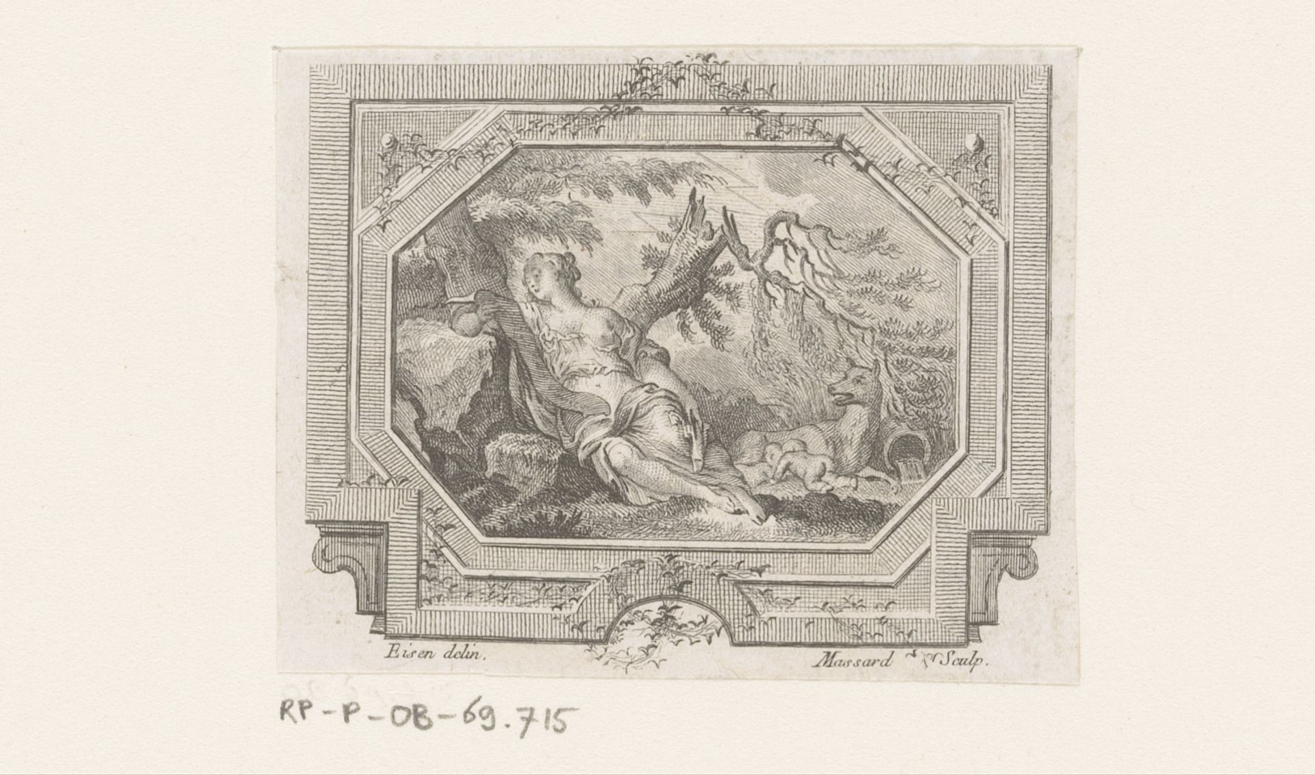 Vignet met vrouw in een bos, op de achtergrond Romulus en Remus by Jean Baptiste Louis Massard