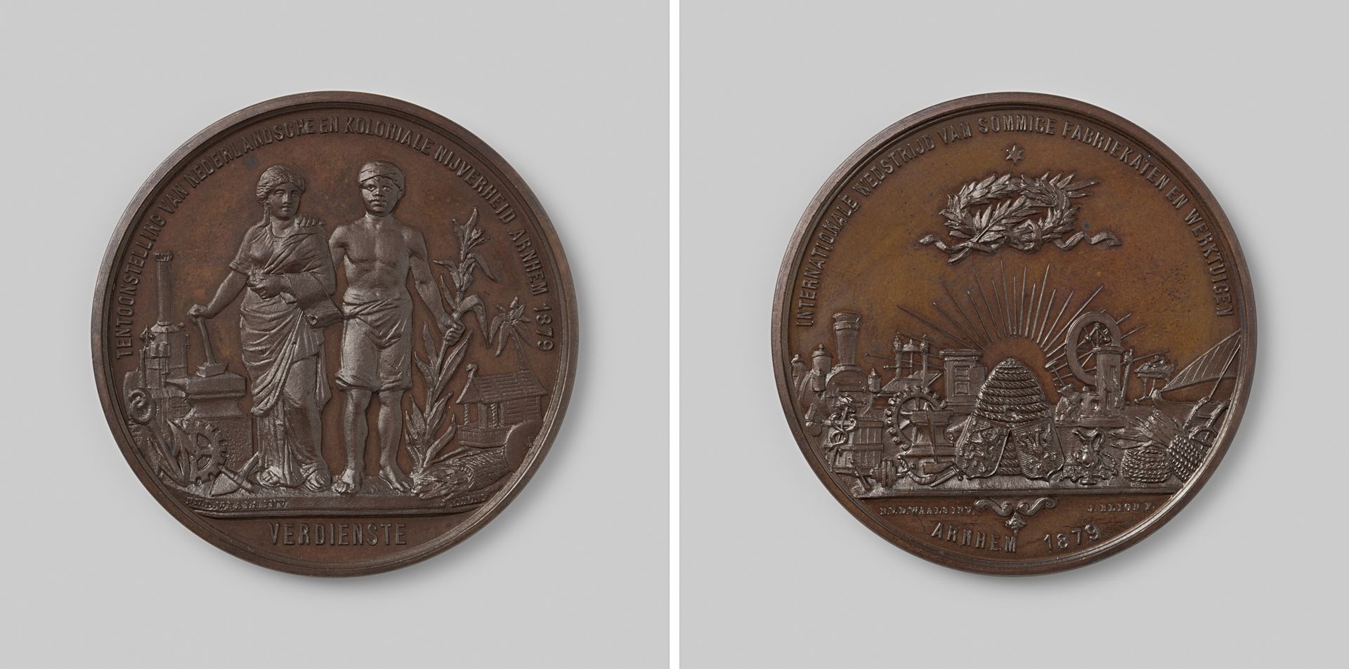Internationale wedstrijd van sommige fabrikaten en werktuigen, tijdens de tentoonstelling van Nederlandsche en koloniale nijverheid te Arnhem, penning uitgereikt aan bestuur en jury by Jacob Samuel Cohen Elion