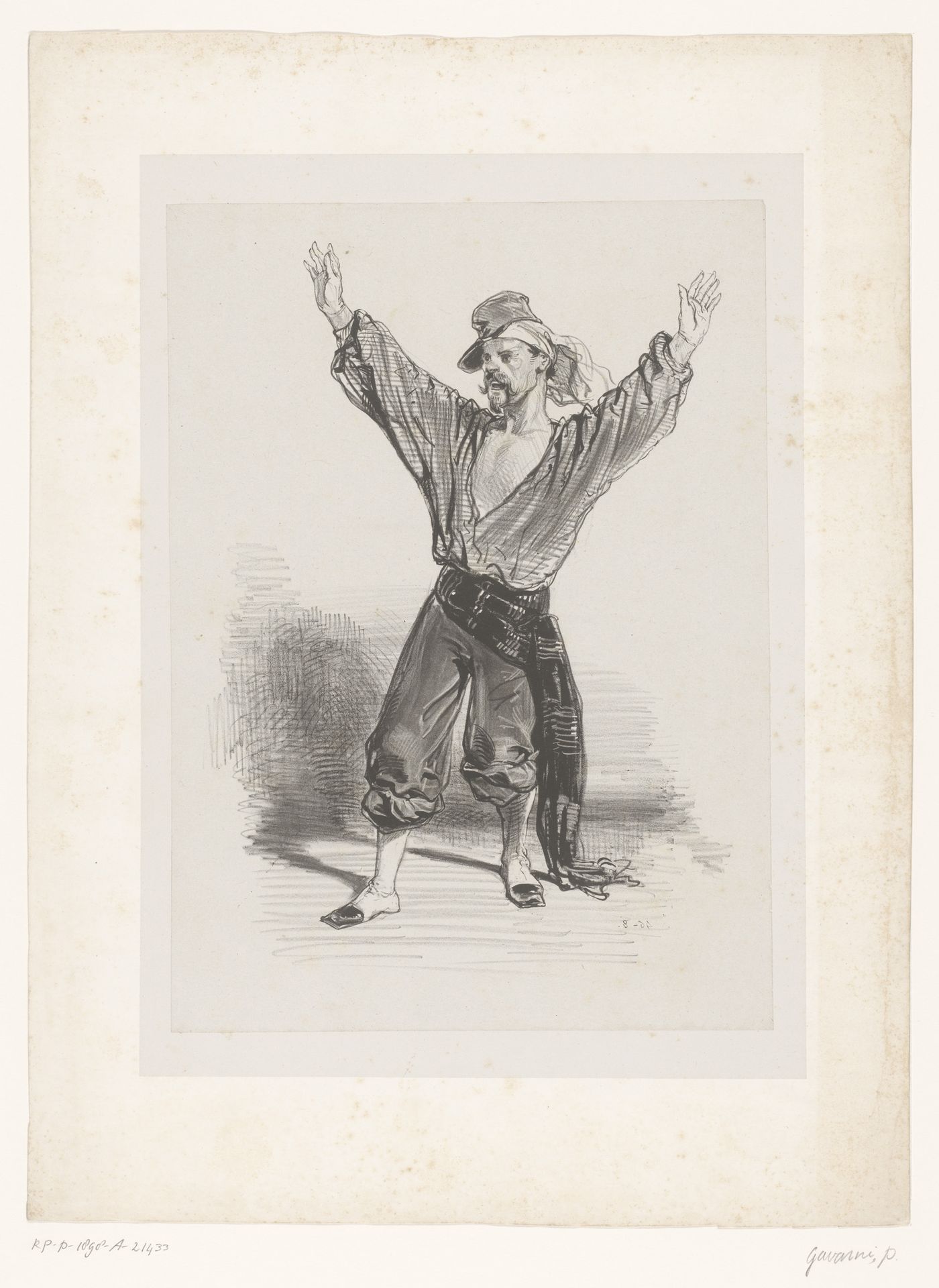 Man met kepie en opgeheven armen by Paul Gavarni