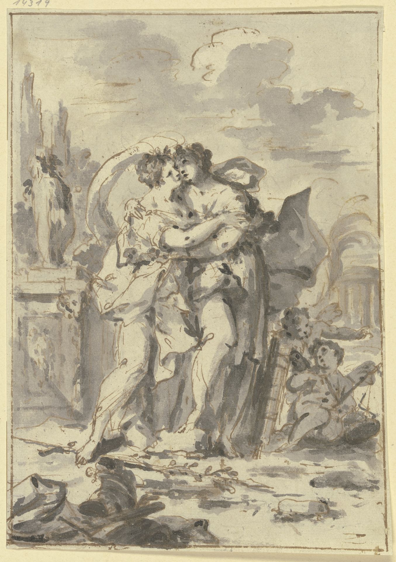 Zwei einander umarmende Frauengestalten mit zwei Putten_ Allegorie auf Krieg und Frieden by Angelica Kauffmann
