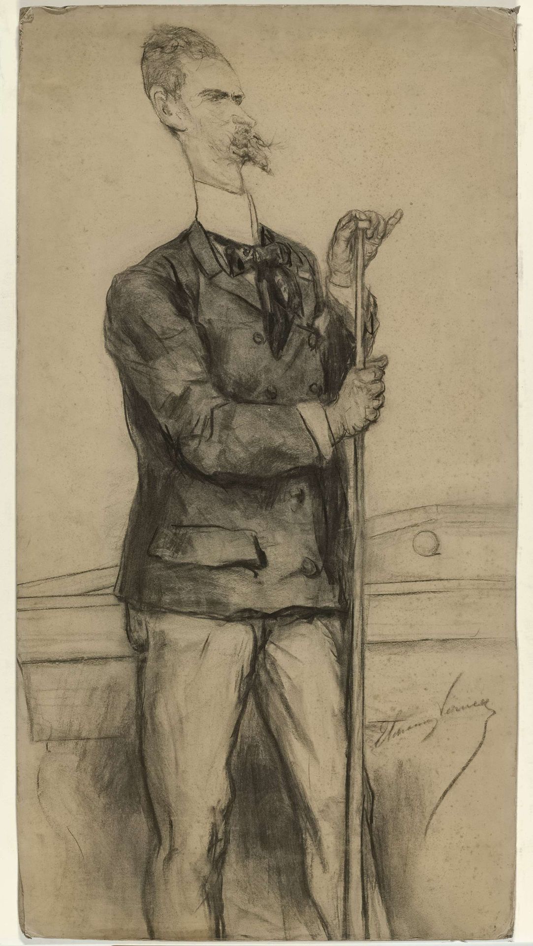 Karikatuurportret van Willem Martens, zijn biljartkeu krijtend by Elchanon Verveer