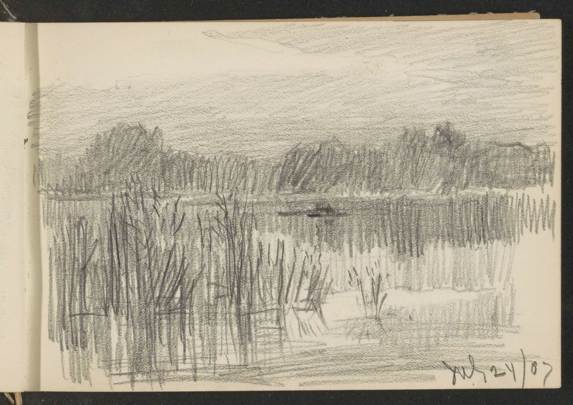 Landschap met rietkragen aan het water by Alexander Shilling