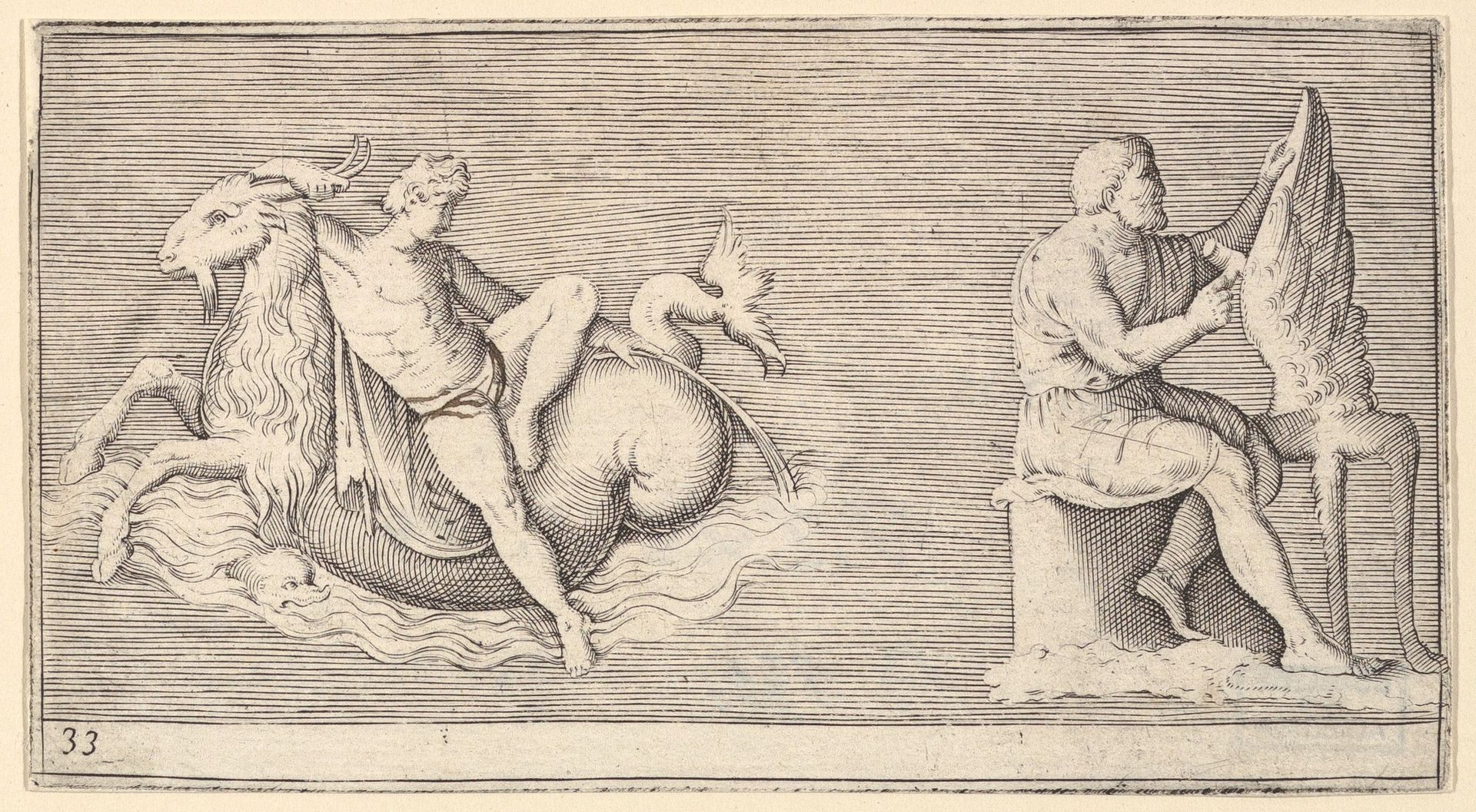 Figure on Seagoat; Man Carving Wing, from "Ex Antiquis Cameorum et Gemmae Delineata" by Anonymous