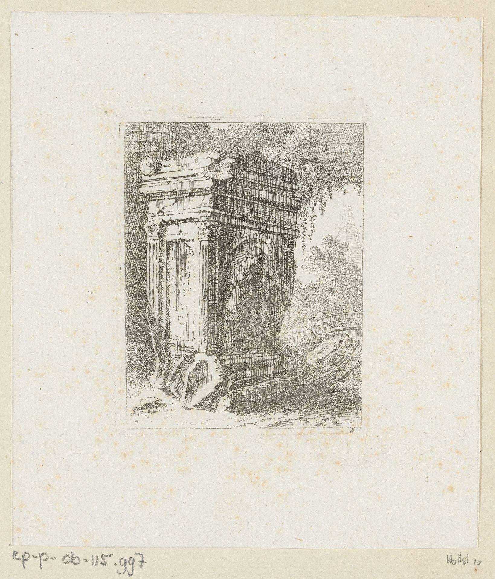 Vervallen monument met vrouwenfiguur by Johann Franz (der Ältere) Ermels