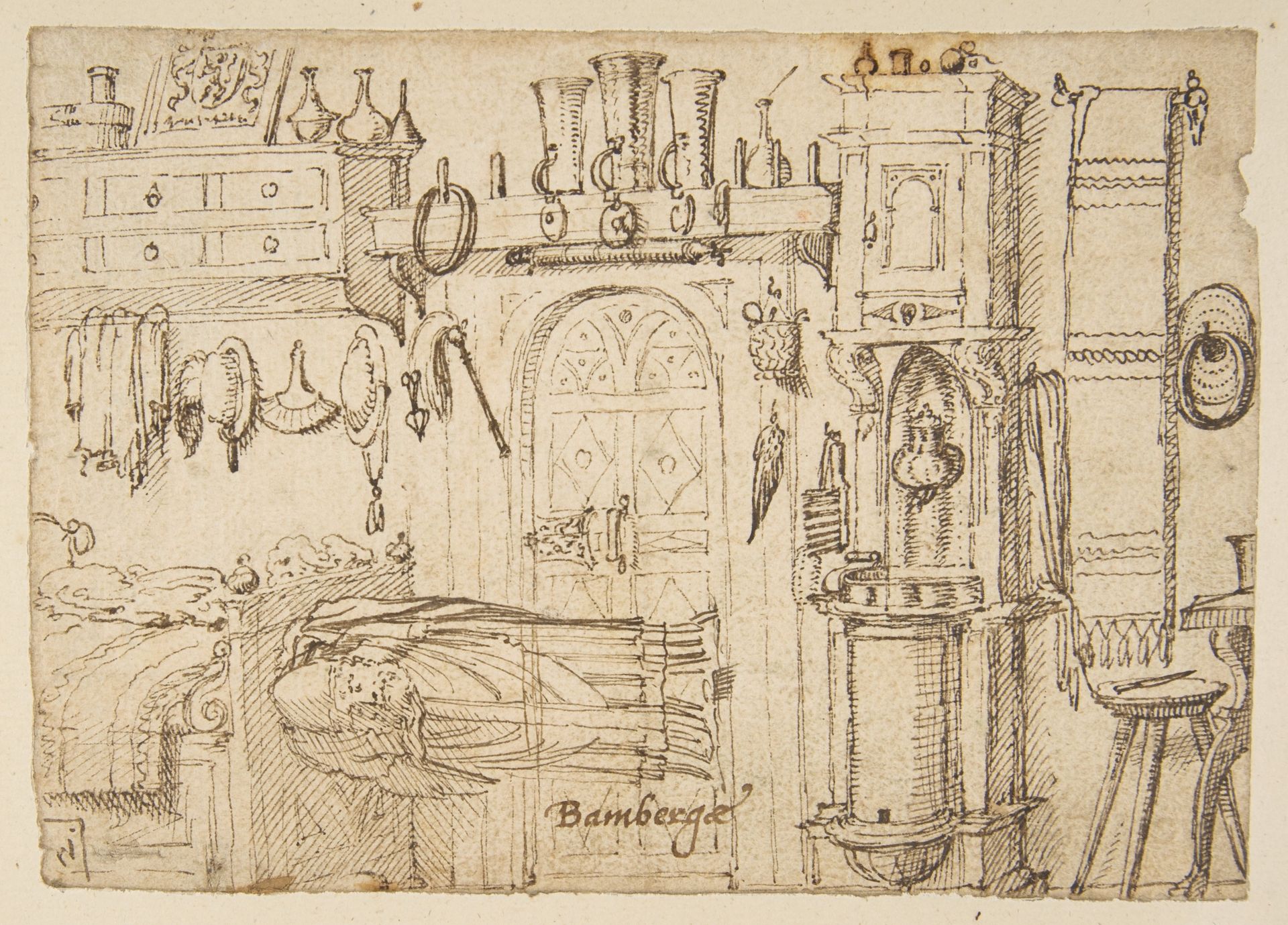 Study sheets with sketches of interiors, animals, sculpture, figures, notes by Anonymous