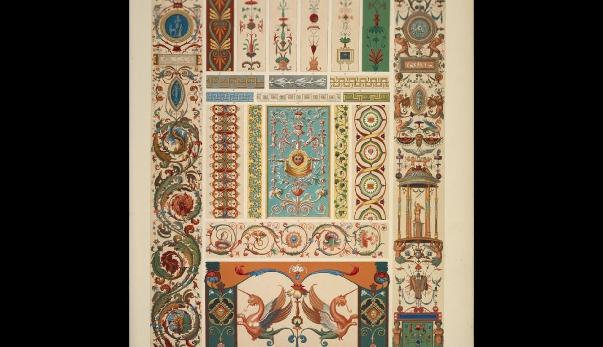 Italian Ornament no. 1. Pilasters and ornaments from the loggie of the Vatican, reduced from the full size paintings at Marlborough House by Owen Jones