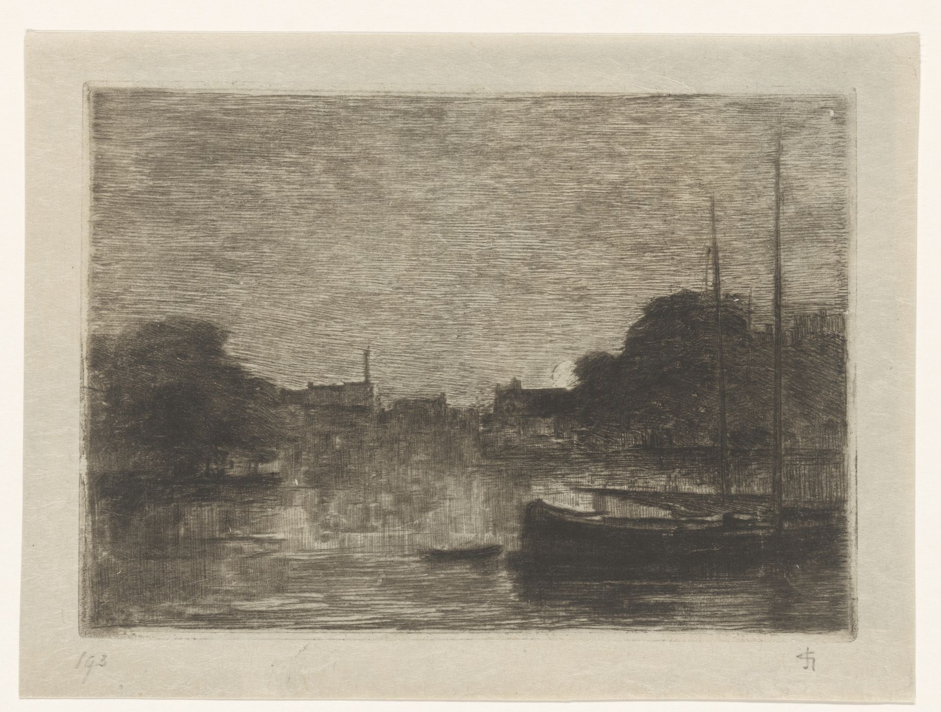 Haven in Dordrecht bij maanlicht by Carel Nicolaas Storm van 's-Gravesande