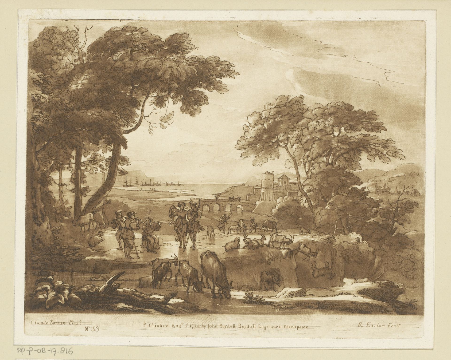 Landschap met musicerende herders en bokken die van een klif vallen by Richard Earlom