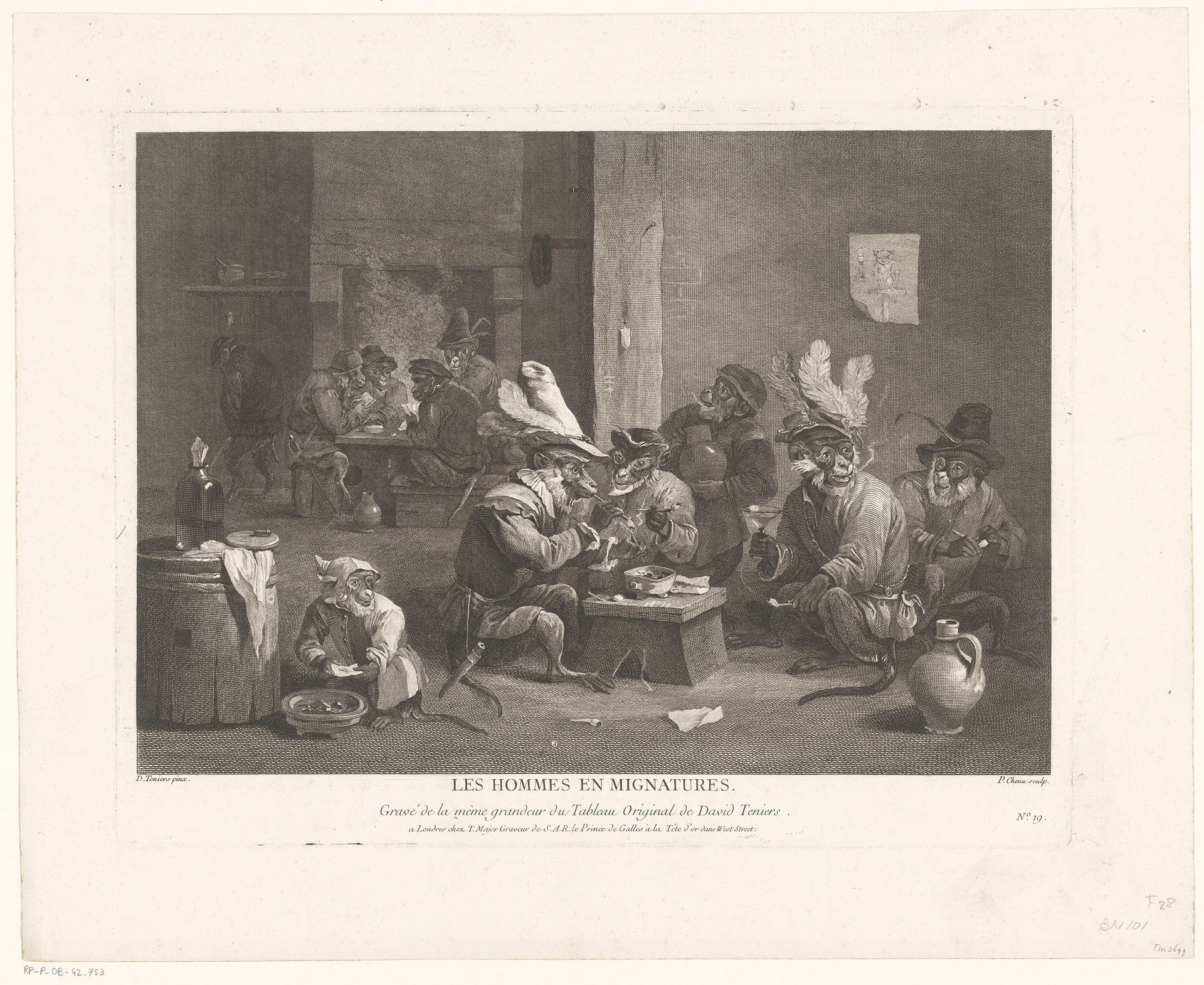 Rokende en drinkende apen in een herberg by Pierre Chenu