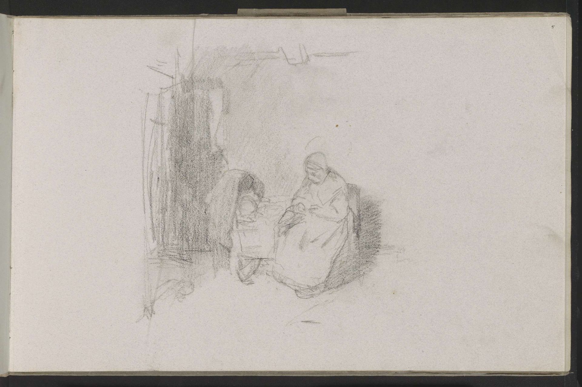 Naaiende vrouw zittend naast een wieg by Albert Neuhuys