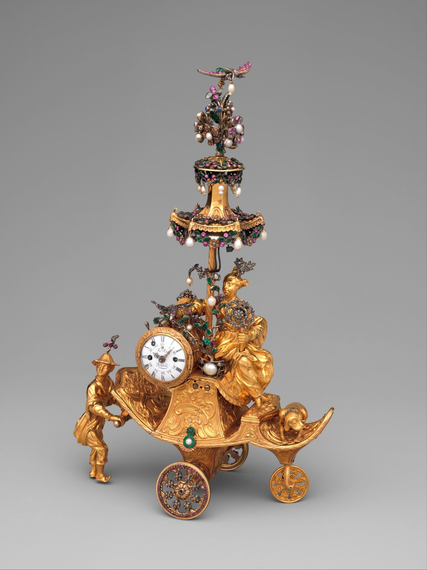 Automaton in the form of a chariot pushed by a Chinese attendant and set with a clock by James Cox