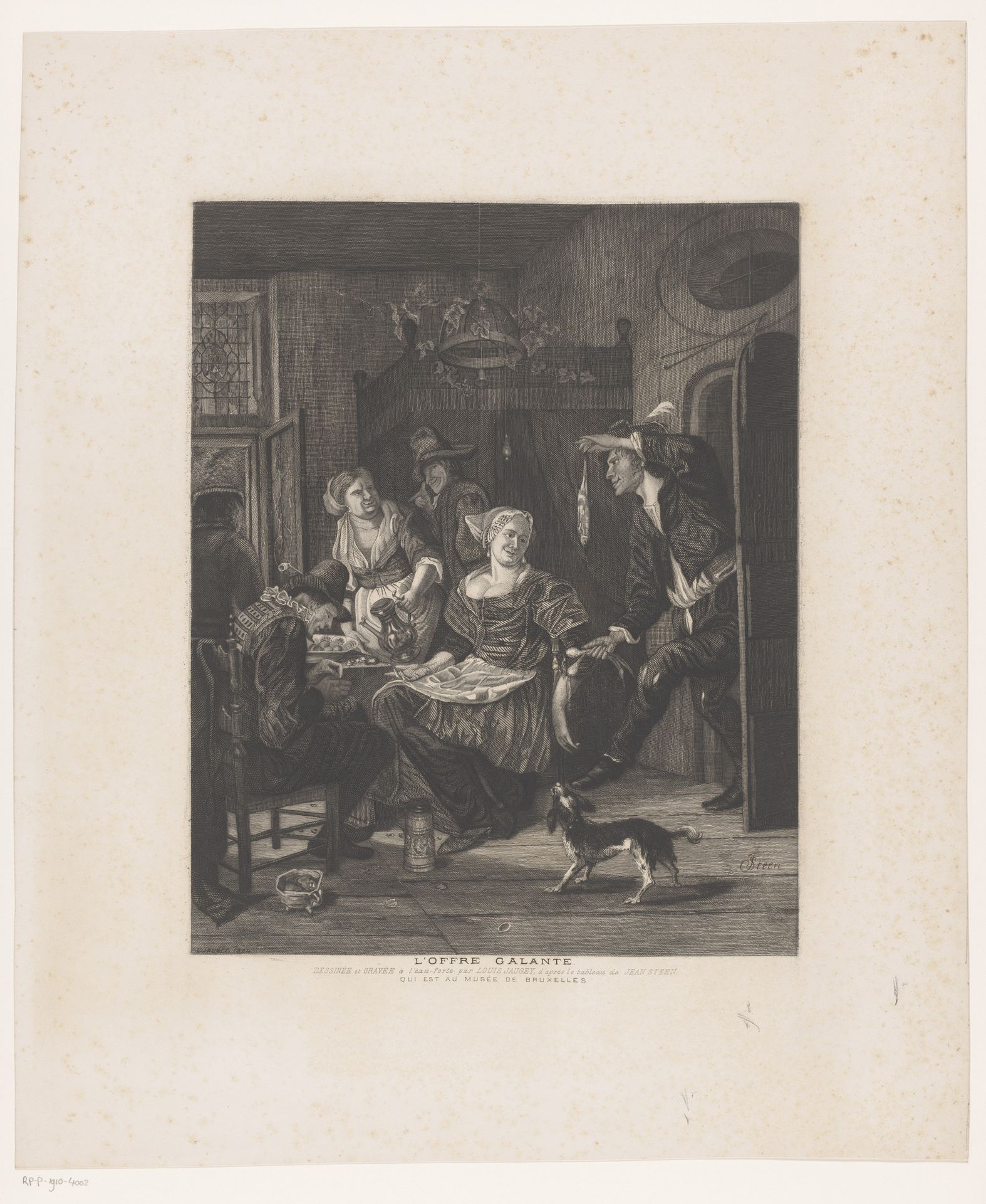 Man loopt een kamer binnen met gezelschap aan tafel en biedt een vis aan by Louis Jaugey