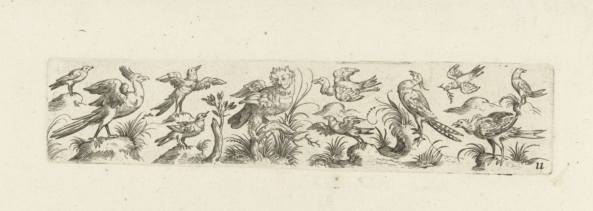 Fries met elf vogels, in het midden staat een uil by Pieter Serwouters