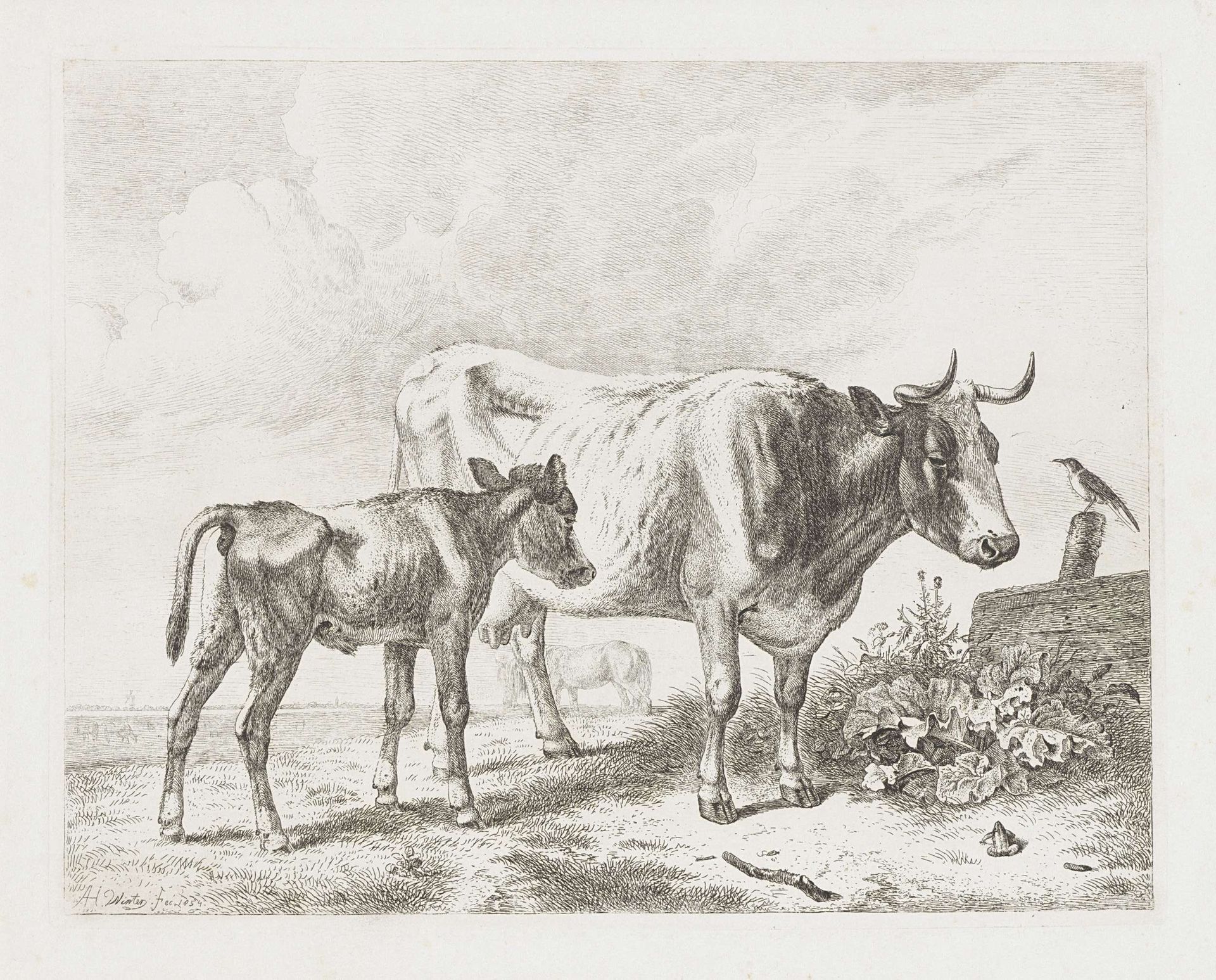 Koe en een kalf in een weiland by Abraham Hendrik Winter