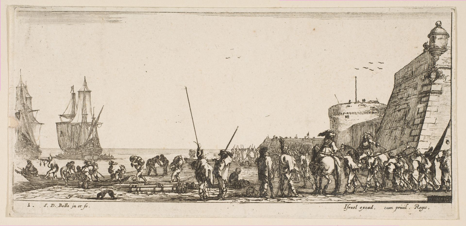 Plate 1: soldiers waiting to board a ship, from 'Various Embarkations' (Divers embarquements) by Stefano della Bella