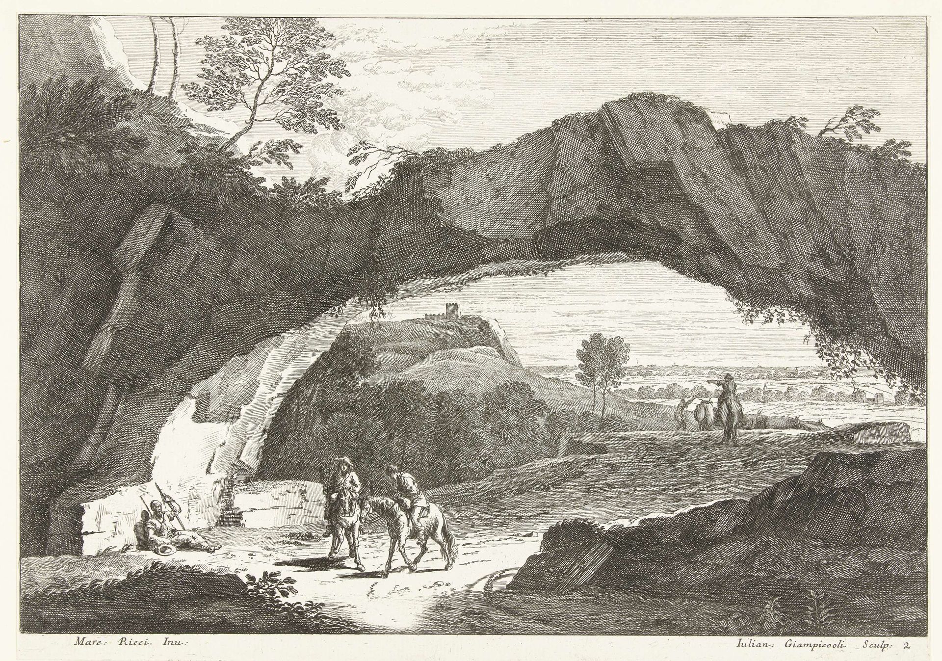 Landschap met stenen brug en enkele figuren by Giuliano Giampiccoli