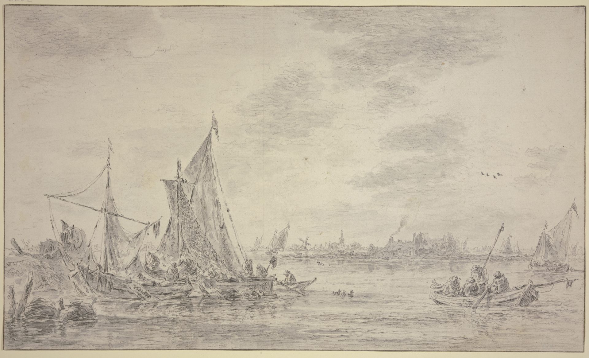 Auf einem Fluss viele Fischerbote, rechts ein Dorf by Jan van Goyen