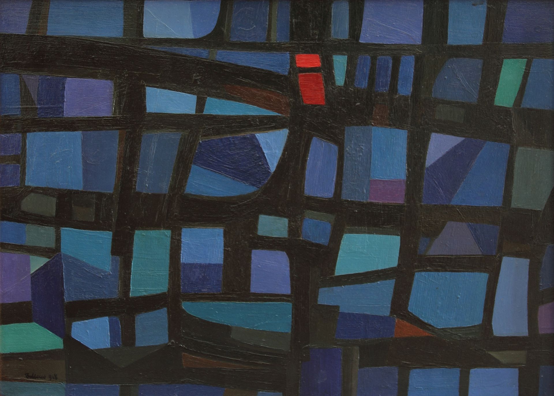 Reticolo nero diversi blu rosso verso destra by Mario Ballocco