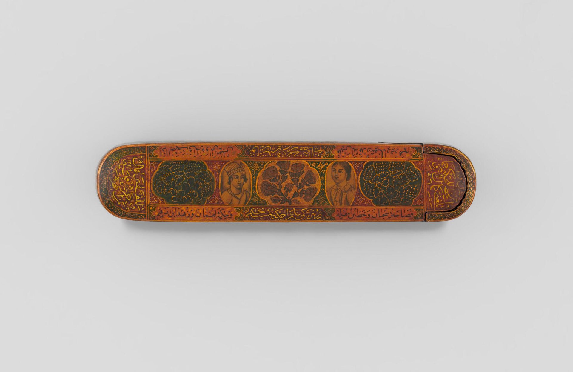 Pen Box with Inscriptions, Portrait Medallions, Animal Combats, and Flowers; with Ink Holder by Muhammad ibn Mahdi