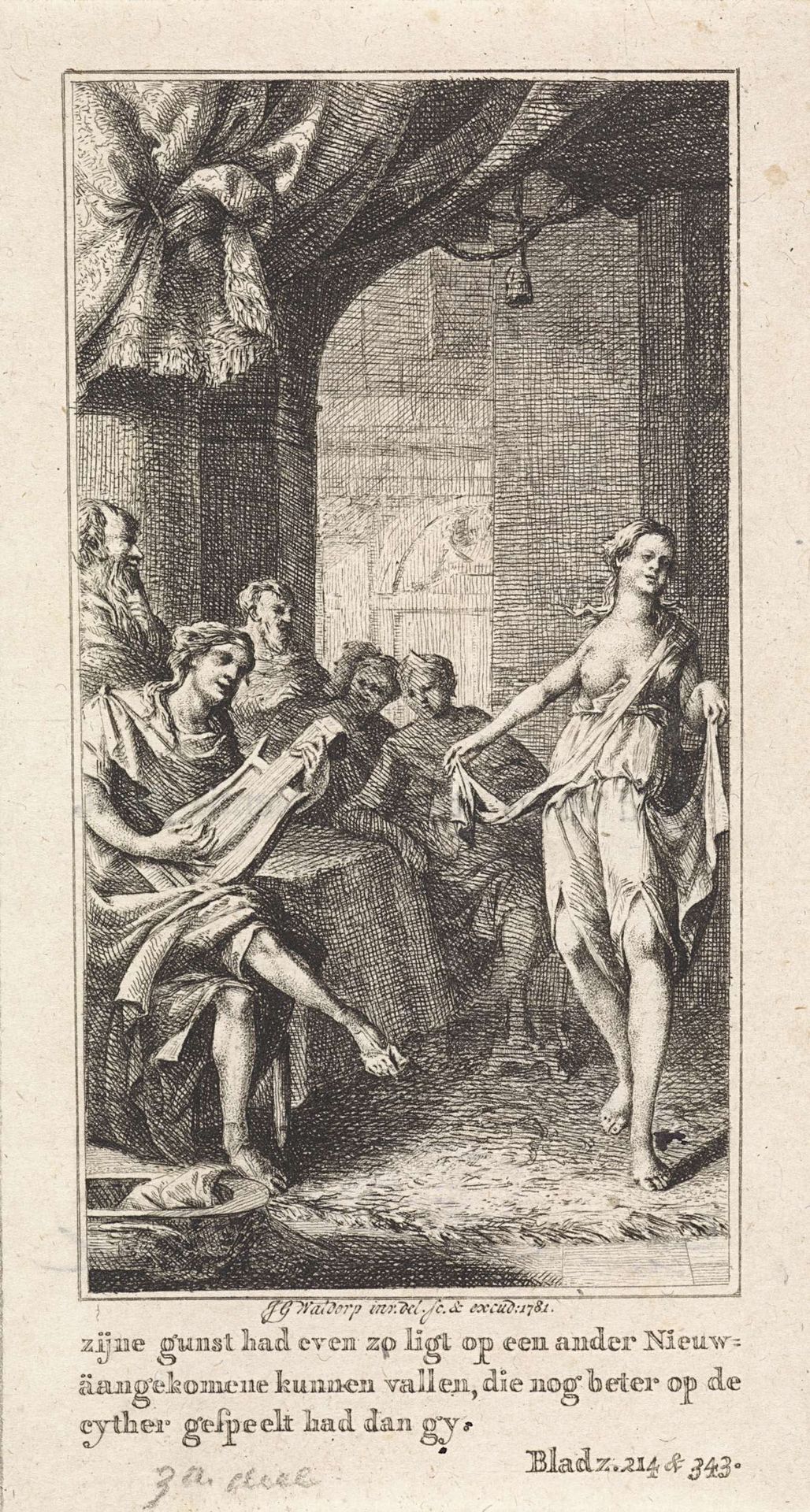 Halfnaakte vrouw danst voor een gezelschap by Jan Gerard Waldorp