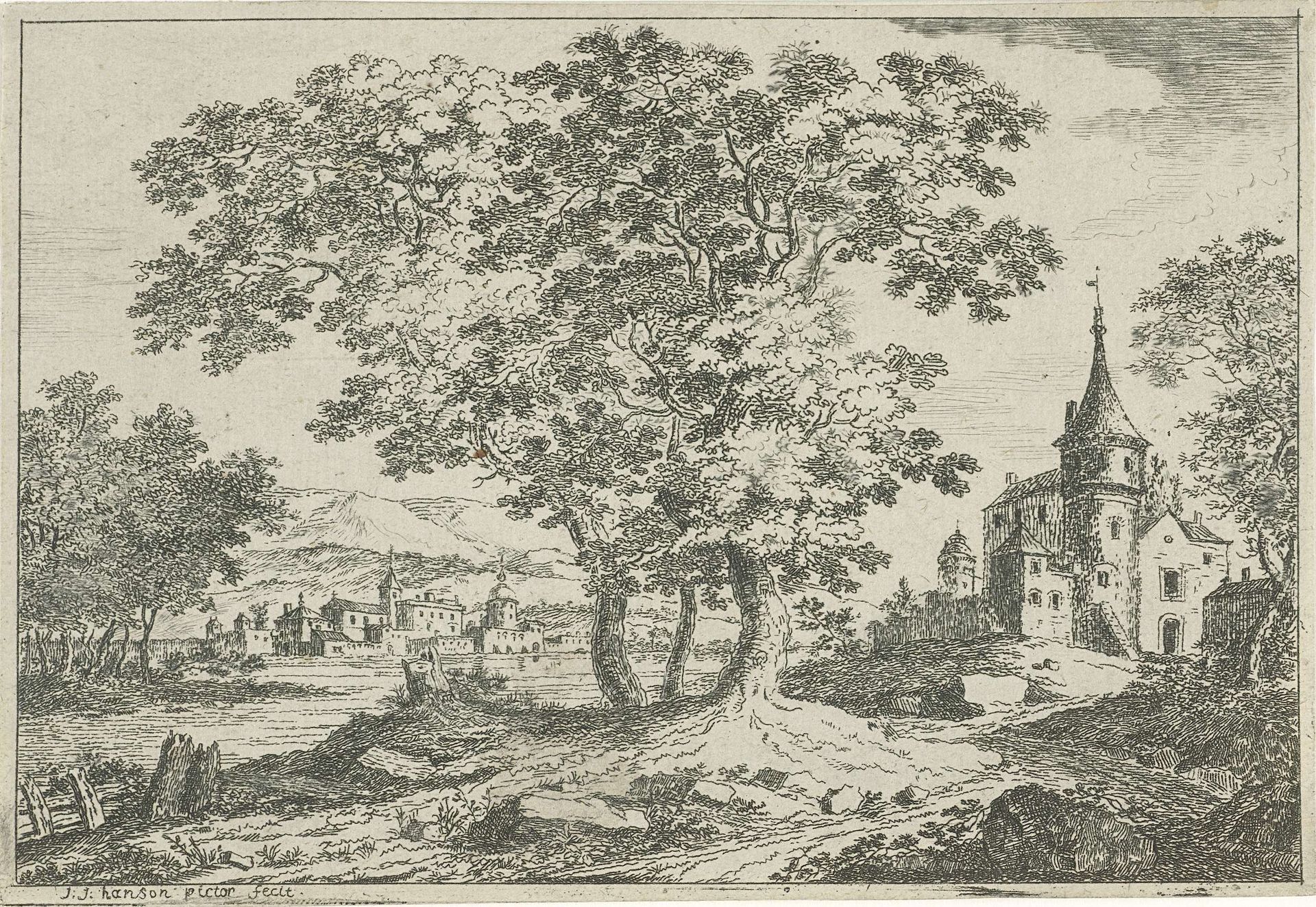 Huizen met torens aan een rivier by Jean Joseph Hanson
