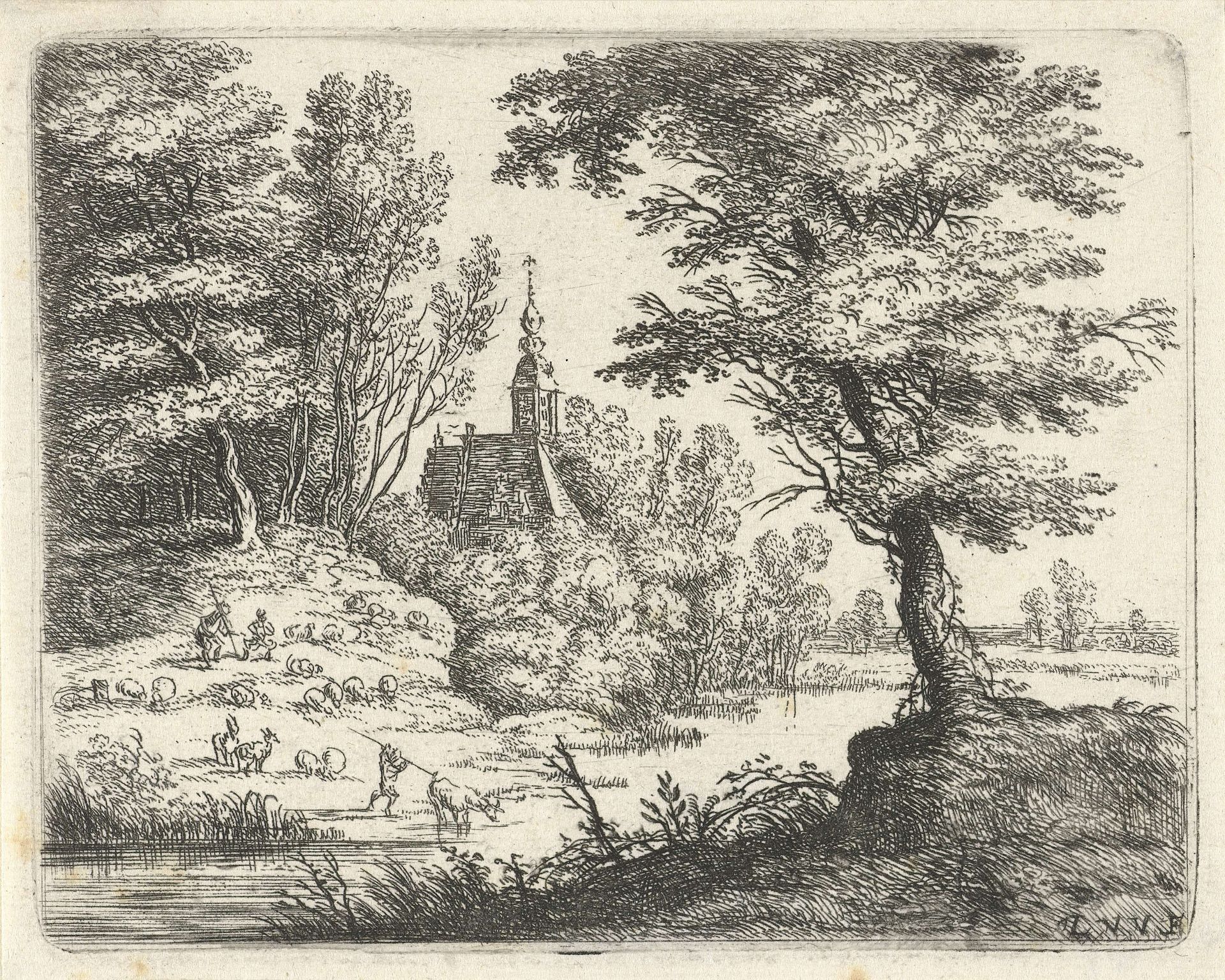Landschap met herders en vee bij een rivier by Lucas van Uden