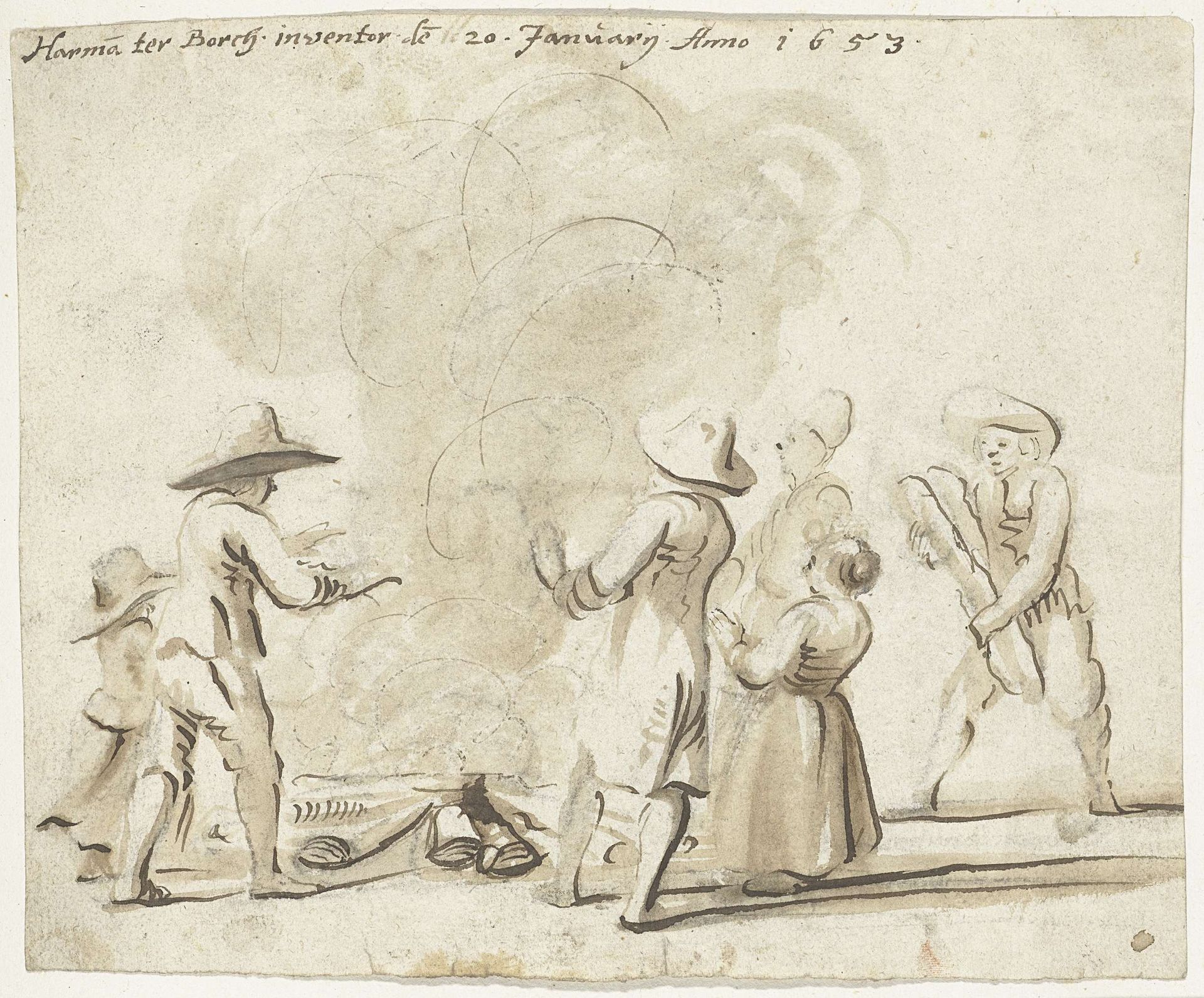 Groep figuren, zich warmend aan een vuur by Harmen ter Borch