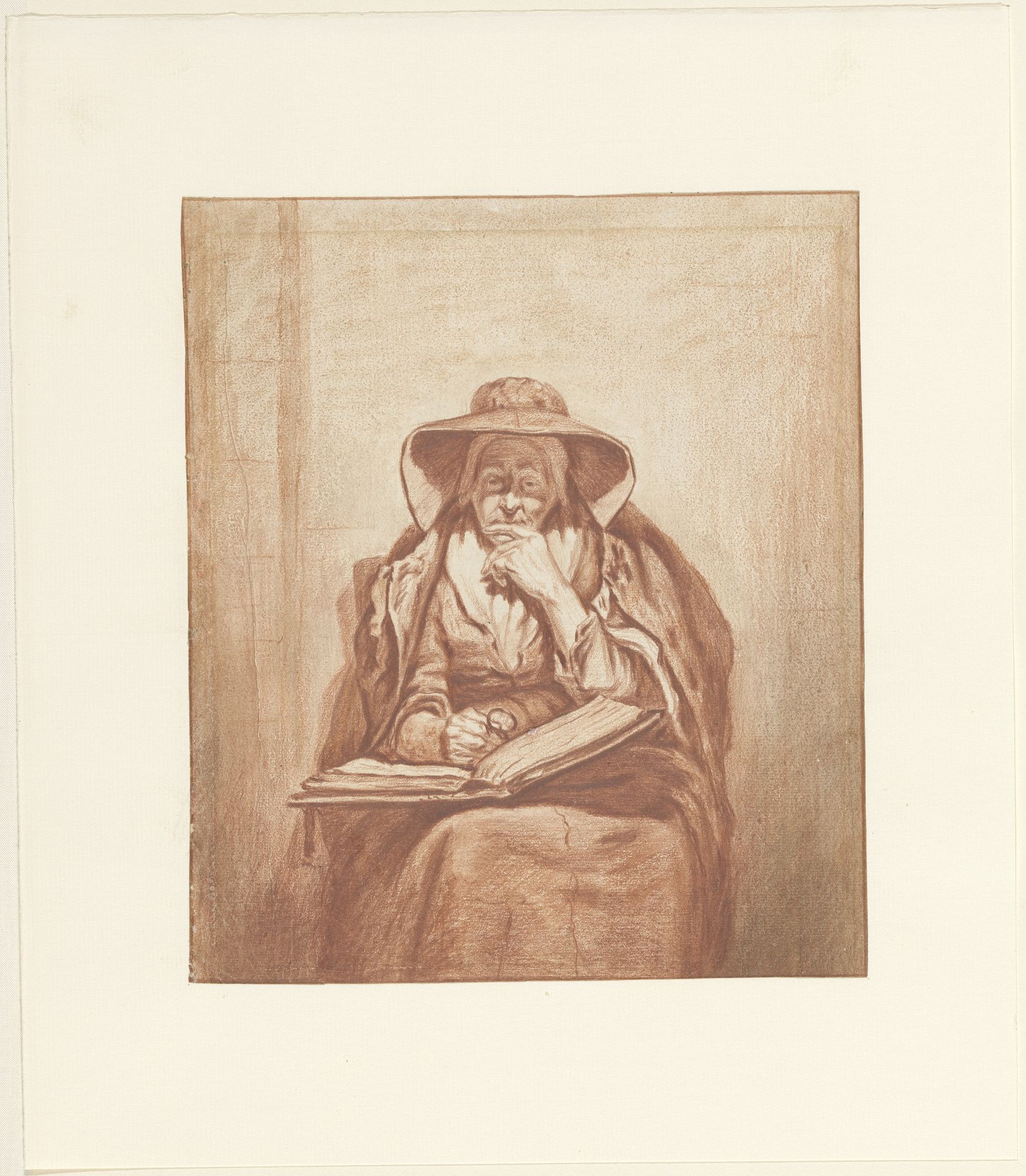 Peinzende oude vrouw, met een boek op haar schoot by Pieter Christoffel Wonder