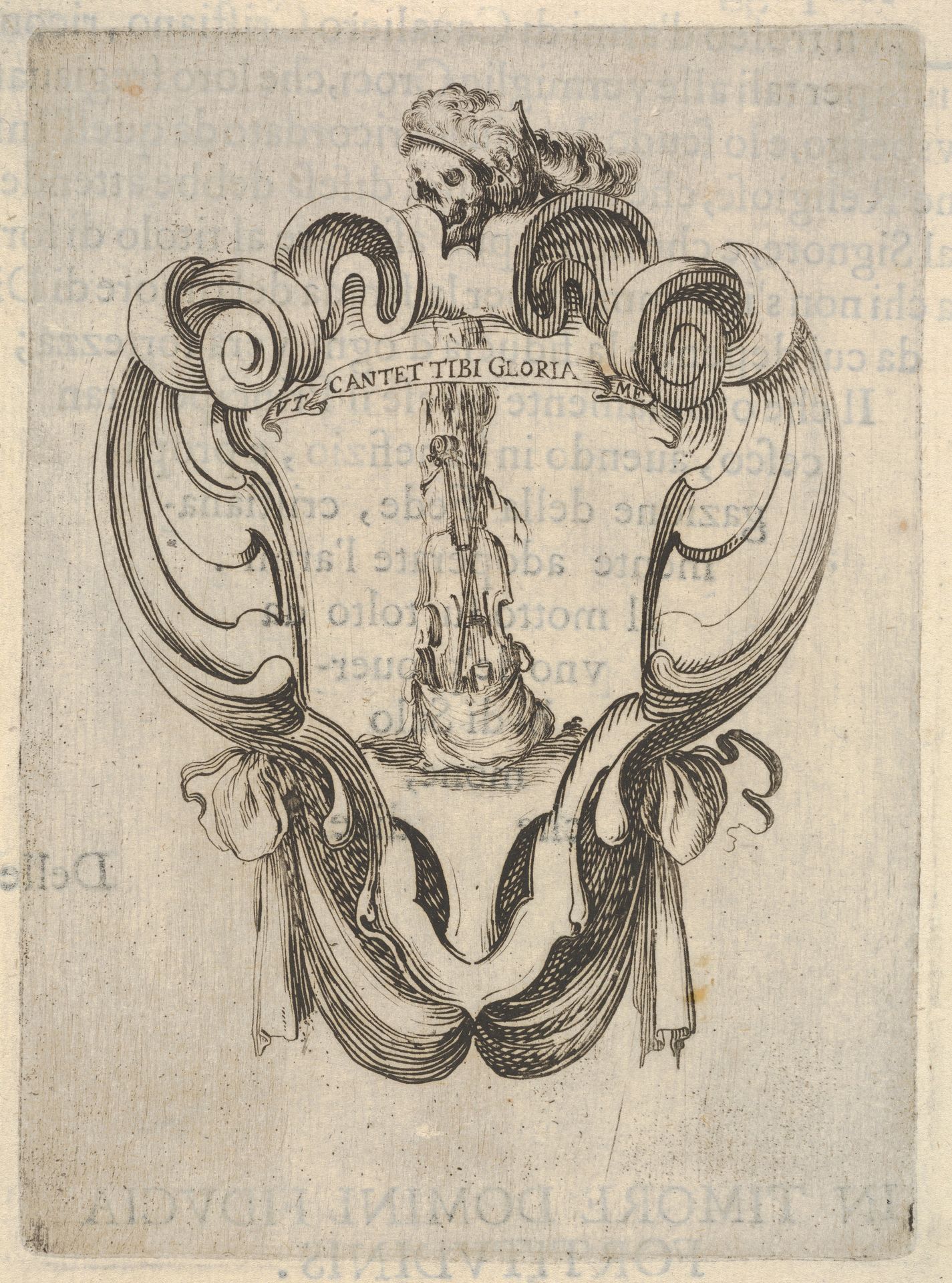 A cartouche with a violin coming out of its case, a skull with a helmet with feathers at top, from 'Eight Emblems for the Funeral of Francesco de Medici' (Huit emblèmes pour les funérailles du prince François de Médicis) by Stefano della Bella