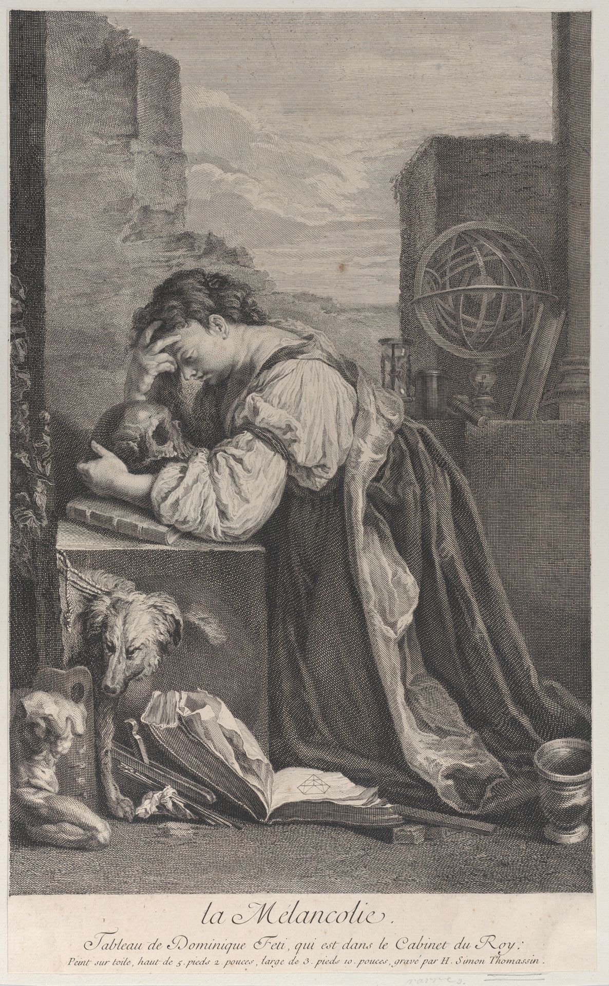 Allegory on Melancholy, with a woman kneeling towards the left holding a skull by Henri Simon Thomassin