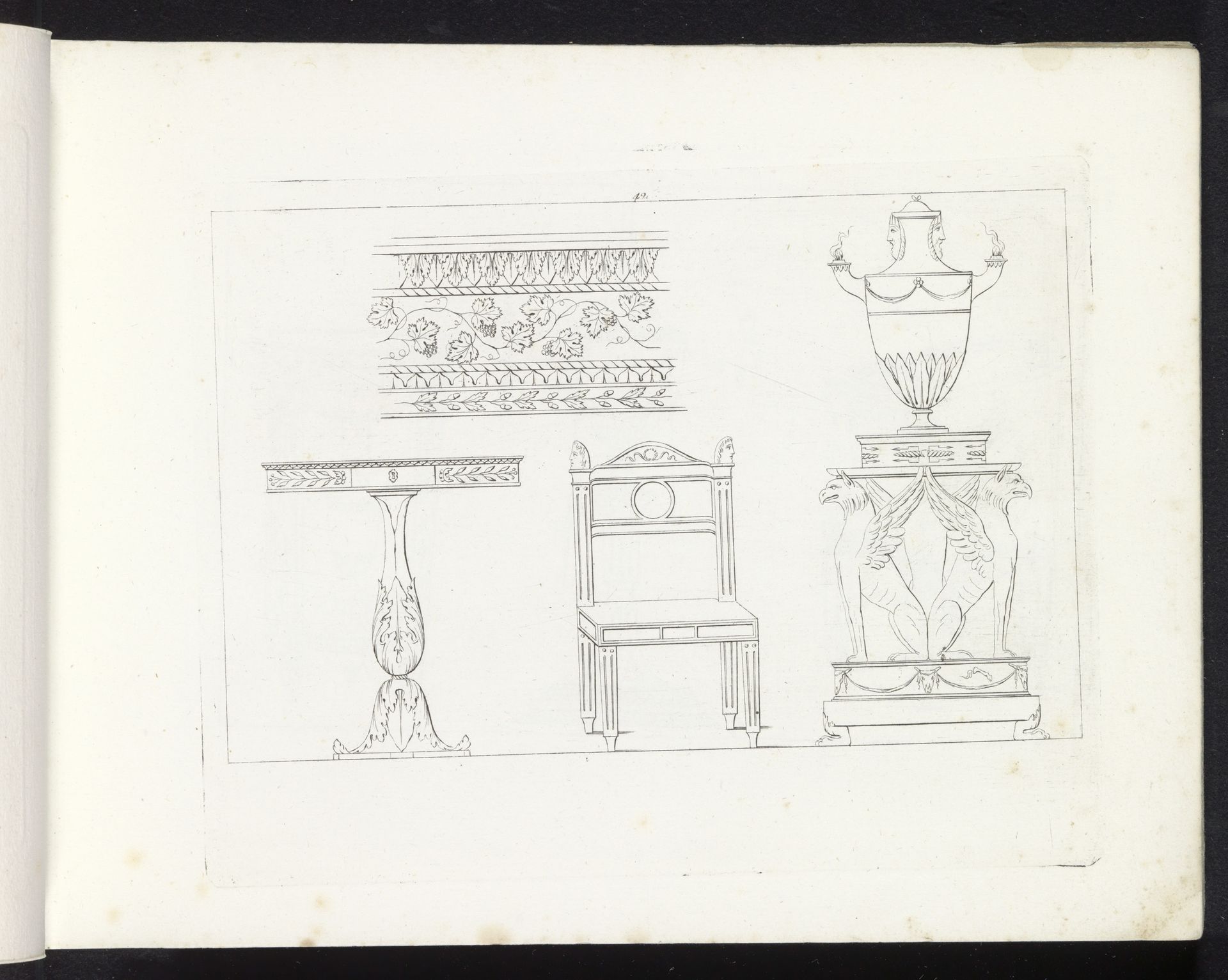Ornamentele rand, een tafel, een stoel en een oliebrander by Pietro Ruga