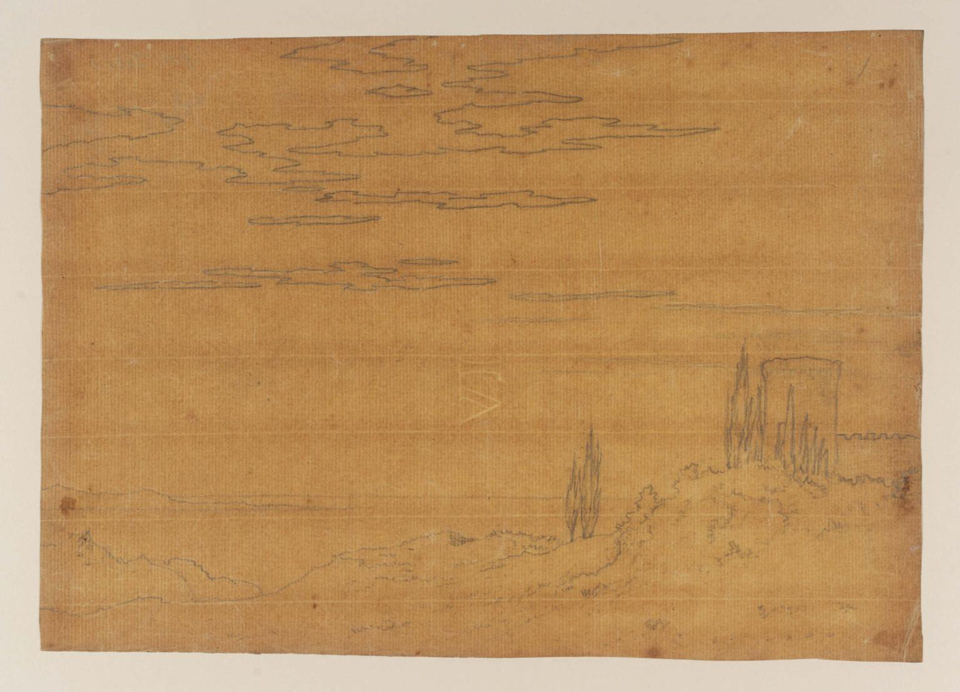 View over the Sea, Cypresses and Town to Right by Alexander Cozens